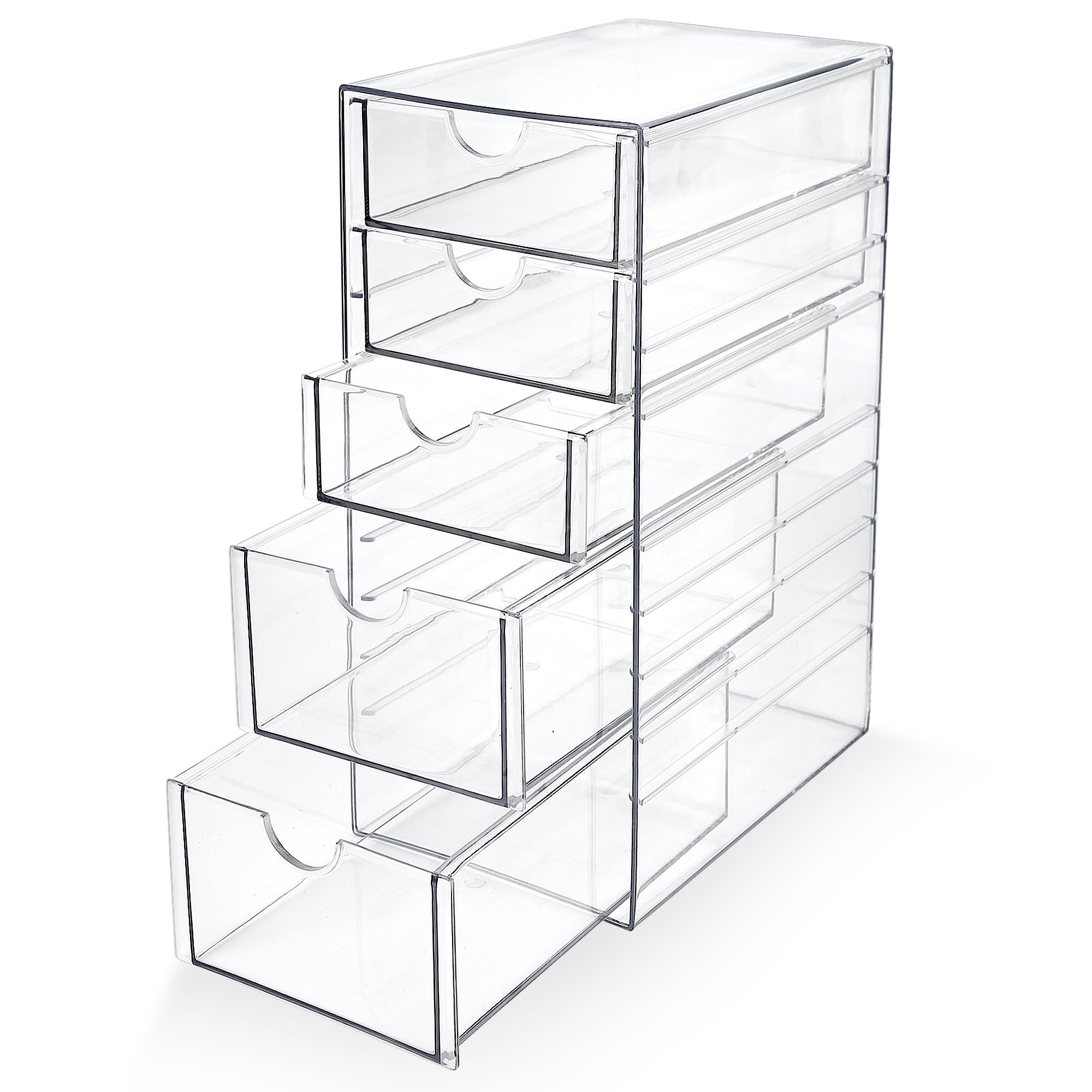 KIWDZFU  Acrylic Drawer Makeup Organizer with Five Drawers Clear Stackable Storage for Vanity Desk Office and Craft Supplies