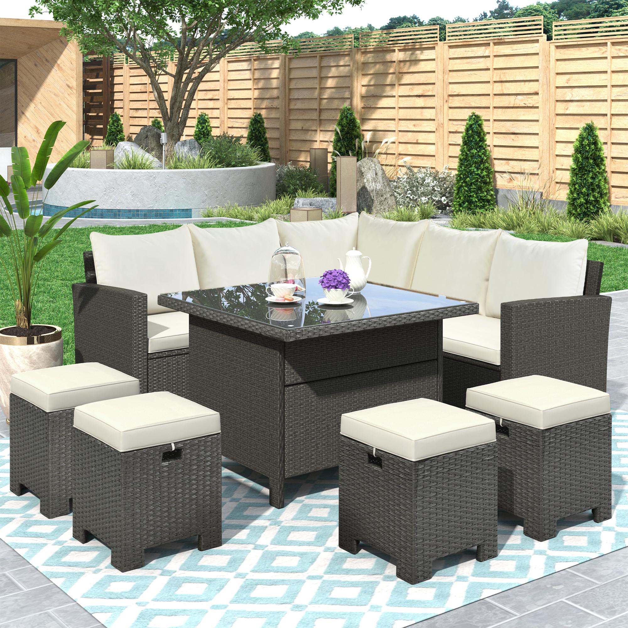 Bayfeve BFUS-280AM 8-Piece Rattan Patio Sectional Conversation Set with Navy Blue Cushions