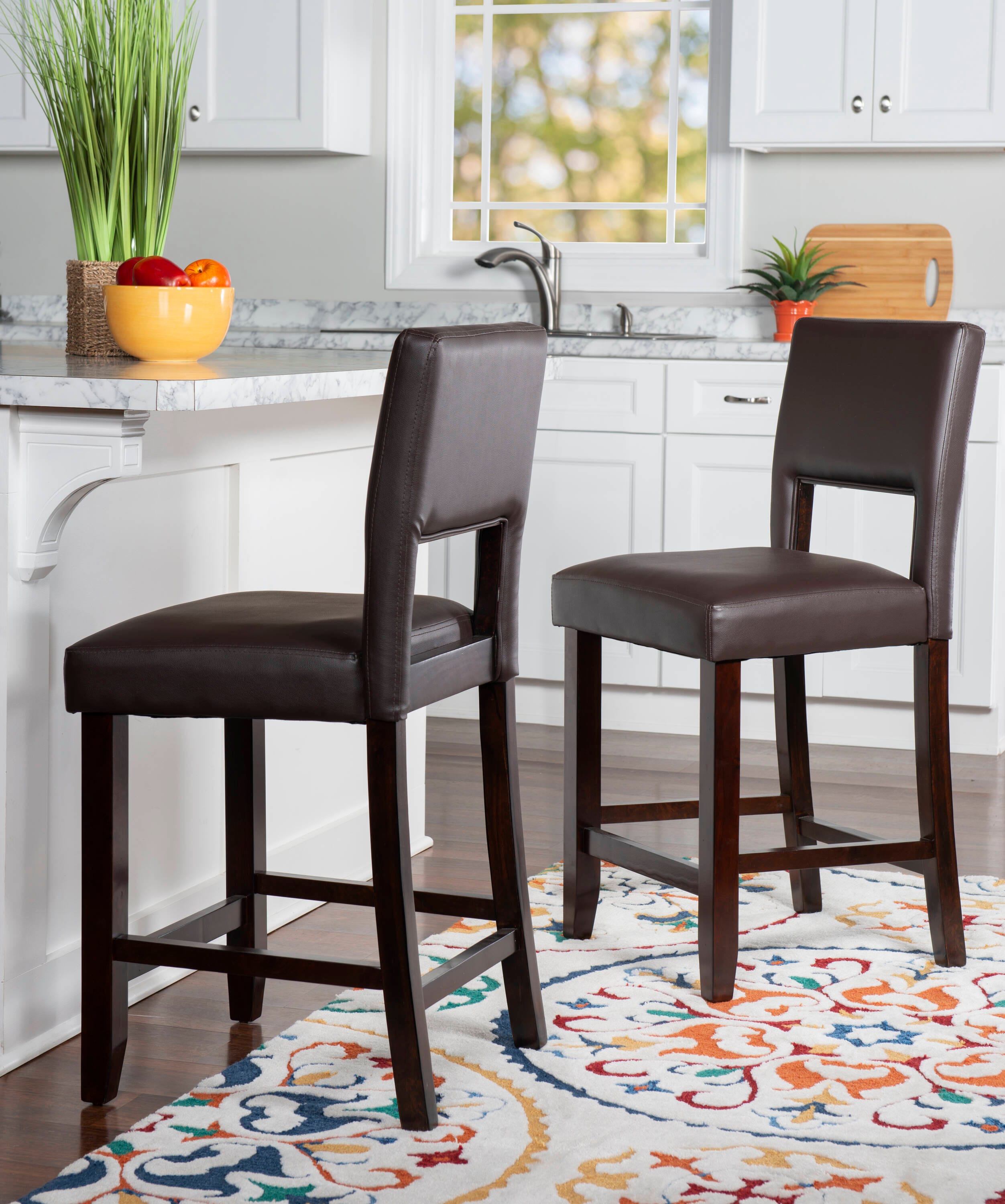 Dark Brown Wood and Leather Counter Stool, 24"
