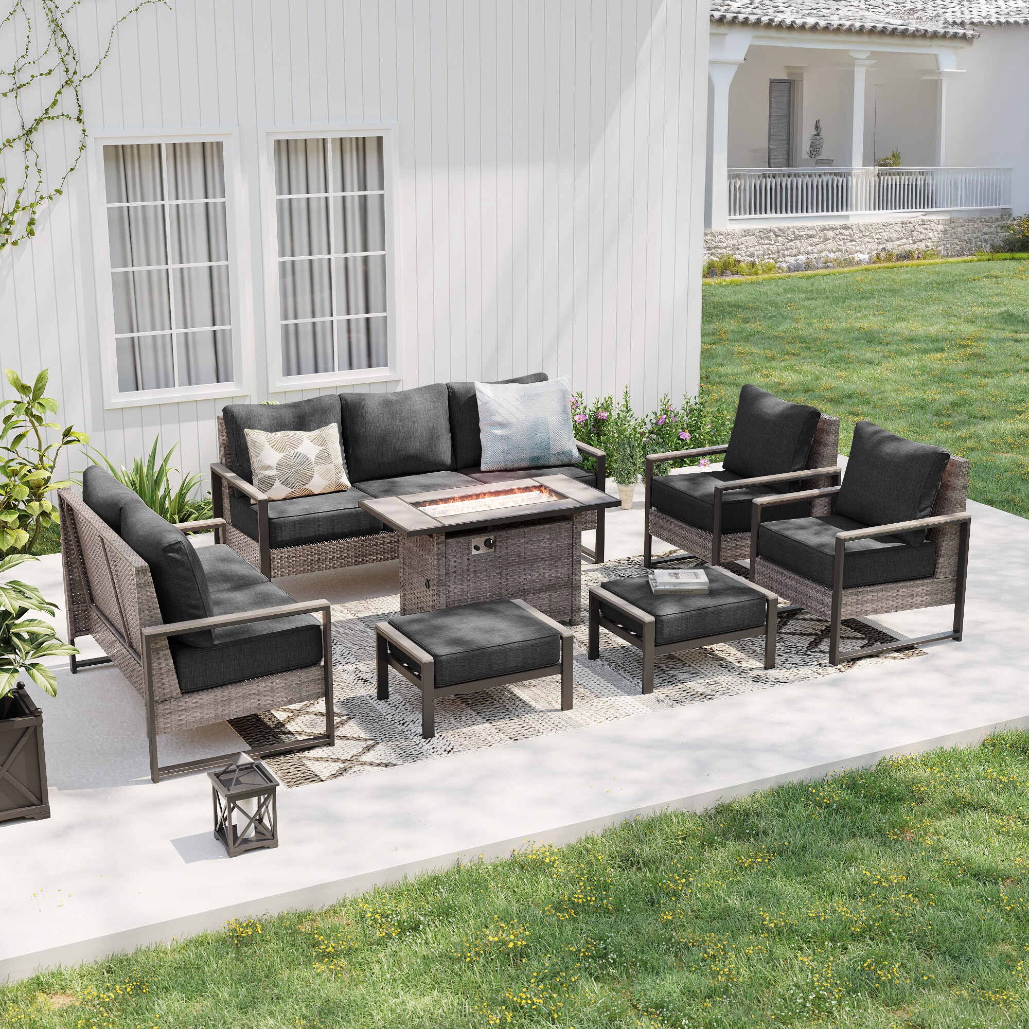 Sonkuki SD-PS-148HBK-S3T5 Patio Conversation Set 7 -Piece Wicker Patio Sofa Conversation Set with Black Cushions
