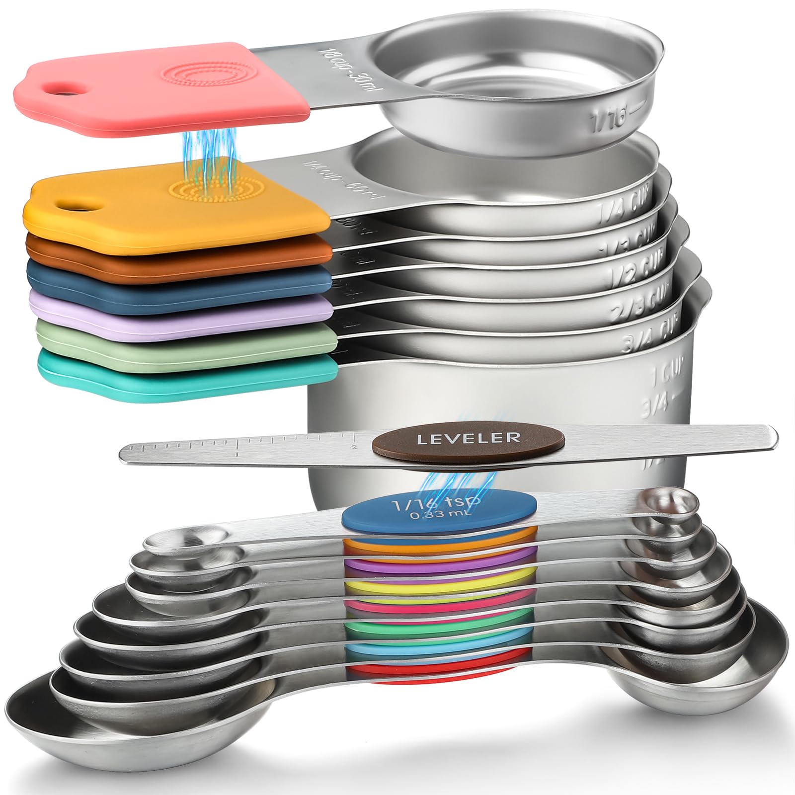 Vrbgify  Magnetic Measuring Cups and Spoons Set of 16 Stainless Steel Stackable Measuring Cups and Spoons with Leveler for Dry and Liquid