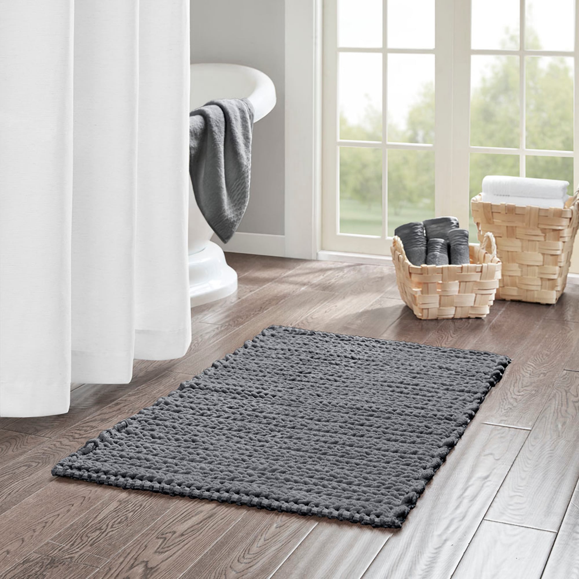 Roomfitters  40x24 Inch Cotton Chenille Bath Rug Soft Absorbent Rectangle Bathroom Mat Shower Floor Rug Charcoal