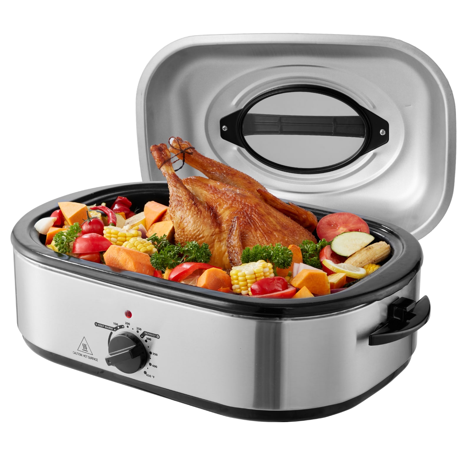 VEVOR SCKJL22QTYSJ07958V1 Electric Roaster Oven  22 QT Turkey Roaster Oven with Self-Basting Lid  1450W Roaster Oven with Defrost and Warm Function  Adjustable Temp  Removable Pan and Rack  Fits Turkeys Up to 26LBS  Silver