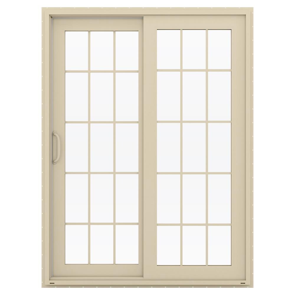 JELD-WEN 60-in x 80-in x 4-9/16-in Jamb Low-e Argon Simulated Divided Light Almond Vinyl Sliding Left-Hand Sliding Double Patio Door Screen Included -  LOWOLJW155900020