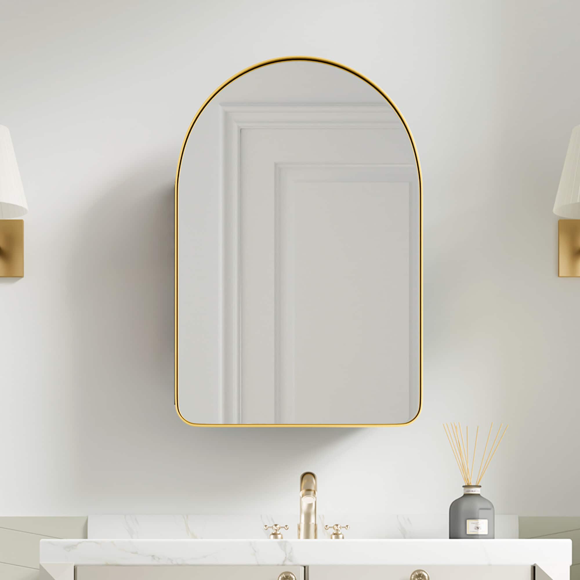 Misty Moon 24in x 16in Gold Metal Arched Medicine Cabinet Mirror Wall Mount Bathroom Storage Mirror Cabinet for Vanity Decor
