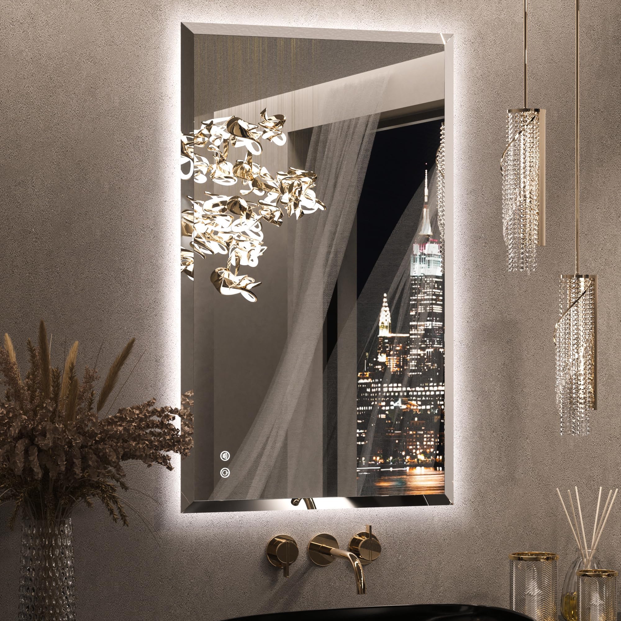 Yichuhaoxi LED Bathroom Mirror 24 x 30 Inch Beveled Edge Backlit Vanity ...