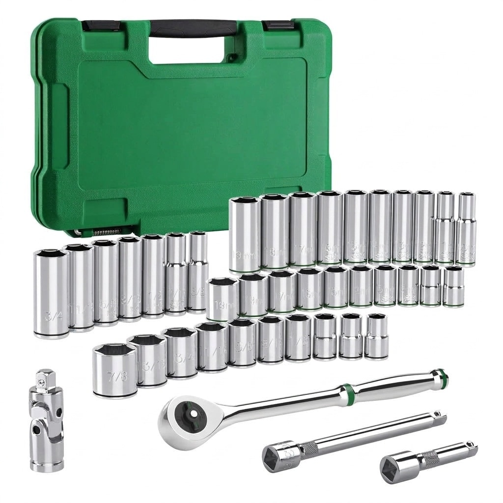Phyfalip  3 8 Inch Drive Socket Set 41 Piece SAE and Metric SuperKrome Finish Quick Release Ratchet Universal Joint Extension Bars Storage Case