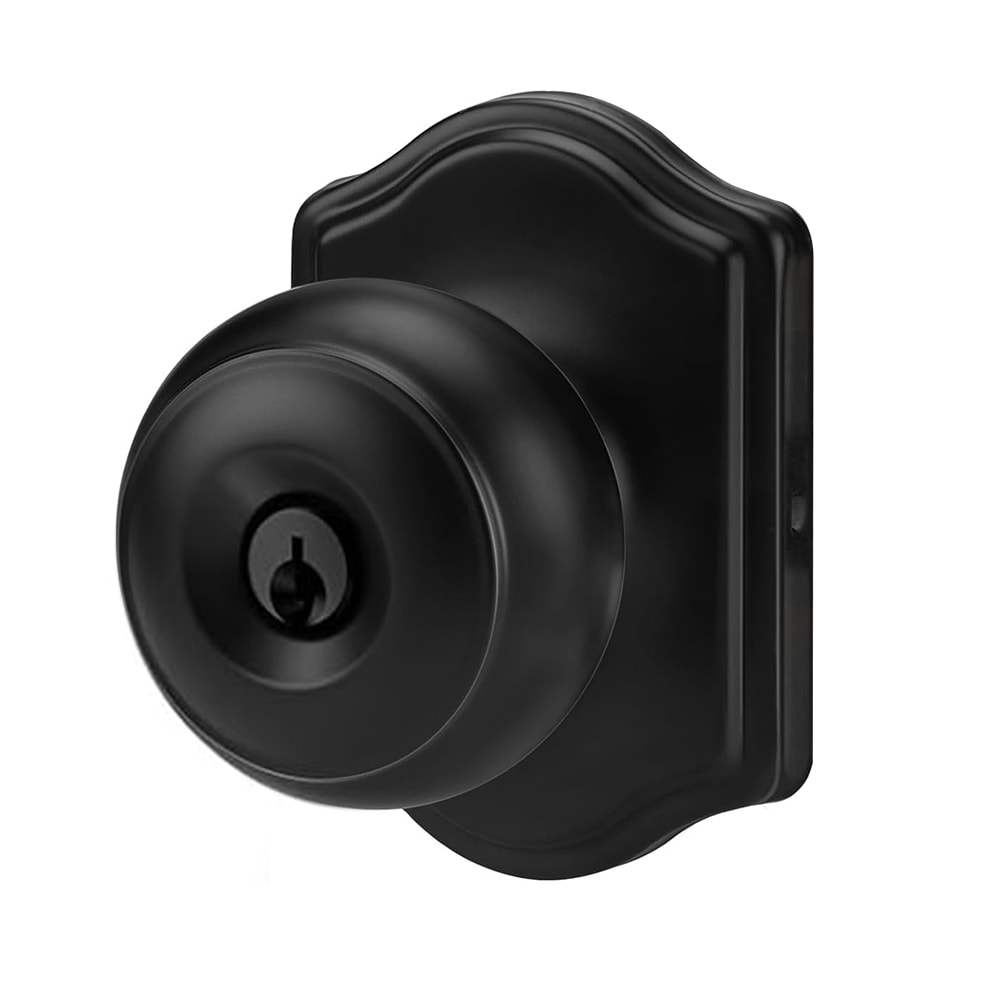 CLCTK Matte Black Entry Door Knob with Round Knob and Arched Backplate Keyed Exterior and Interior Door Knob for Front Entry Doors
