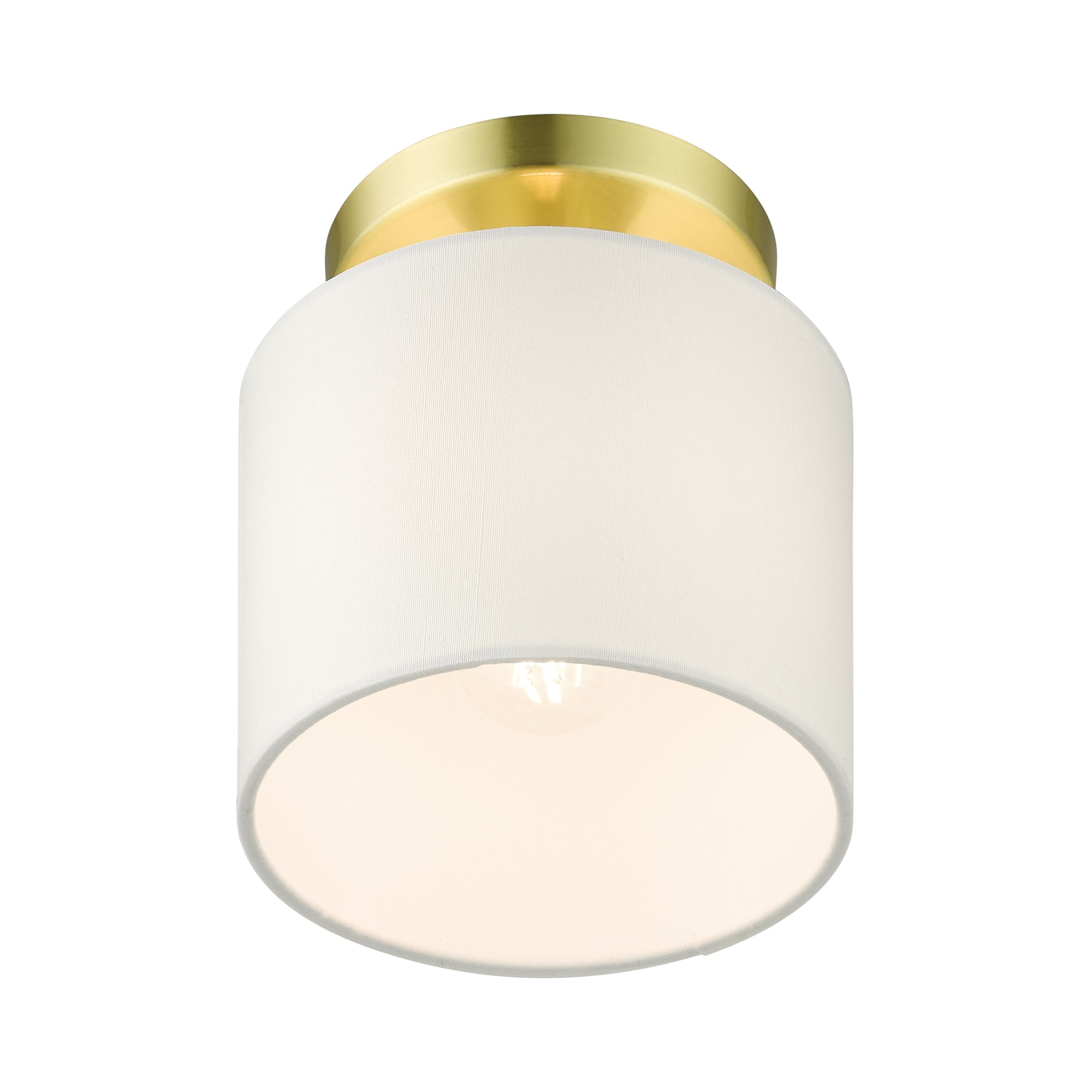 Meridian Petite Satin Brass Semi-Flush Mount with Off-White Drum Shade