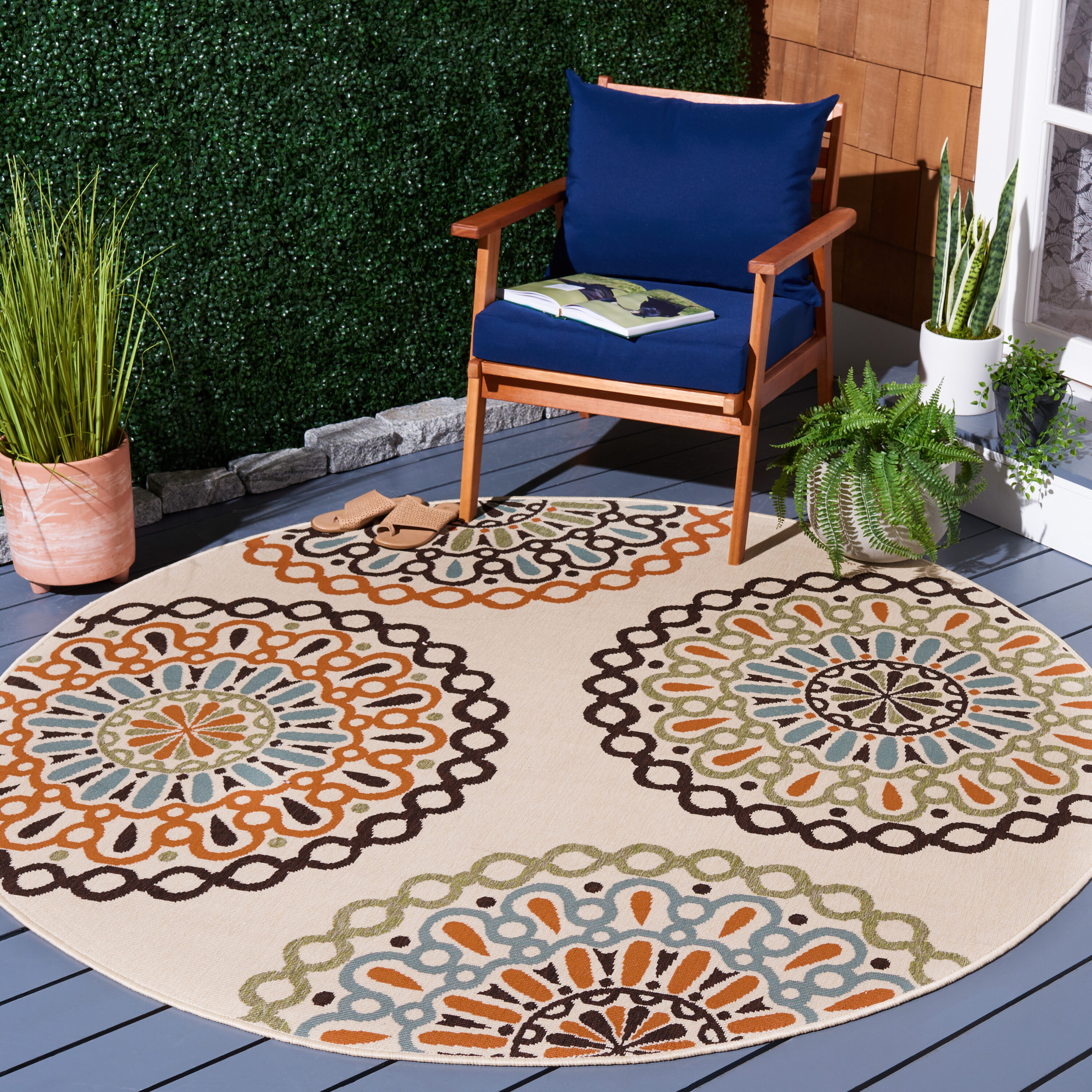 Safavieh VER092-0715-8R Veranda 8 x 8 (ft) Loomed Synthetic Cream/Terracotta Round Indoor/Outdoor Floral Tropical Area rug