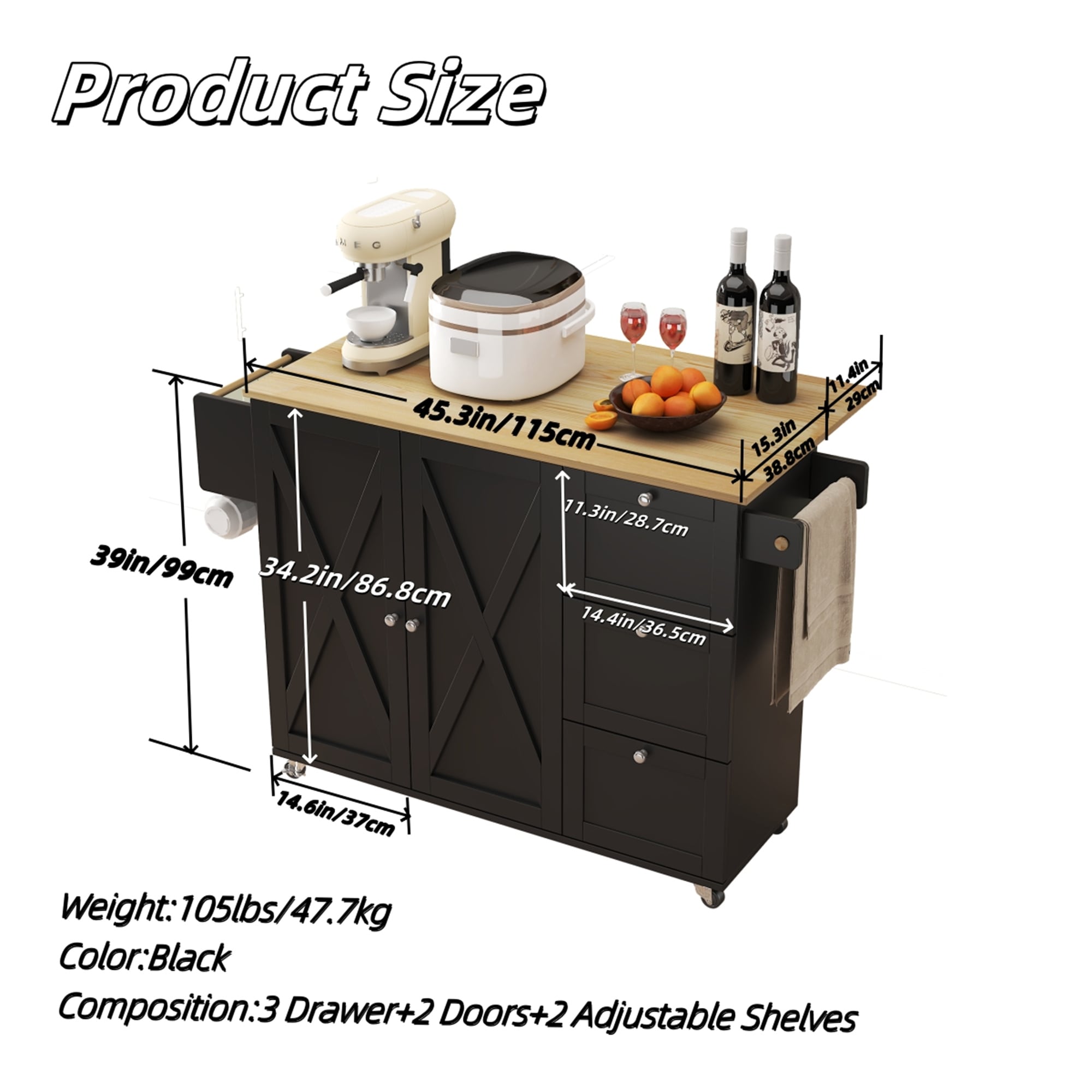 BABOOM Black Mdf Base with Wood Top Rolling Kitchen Island (29.33-in x 39.8-in x 33.7-in)