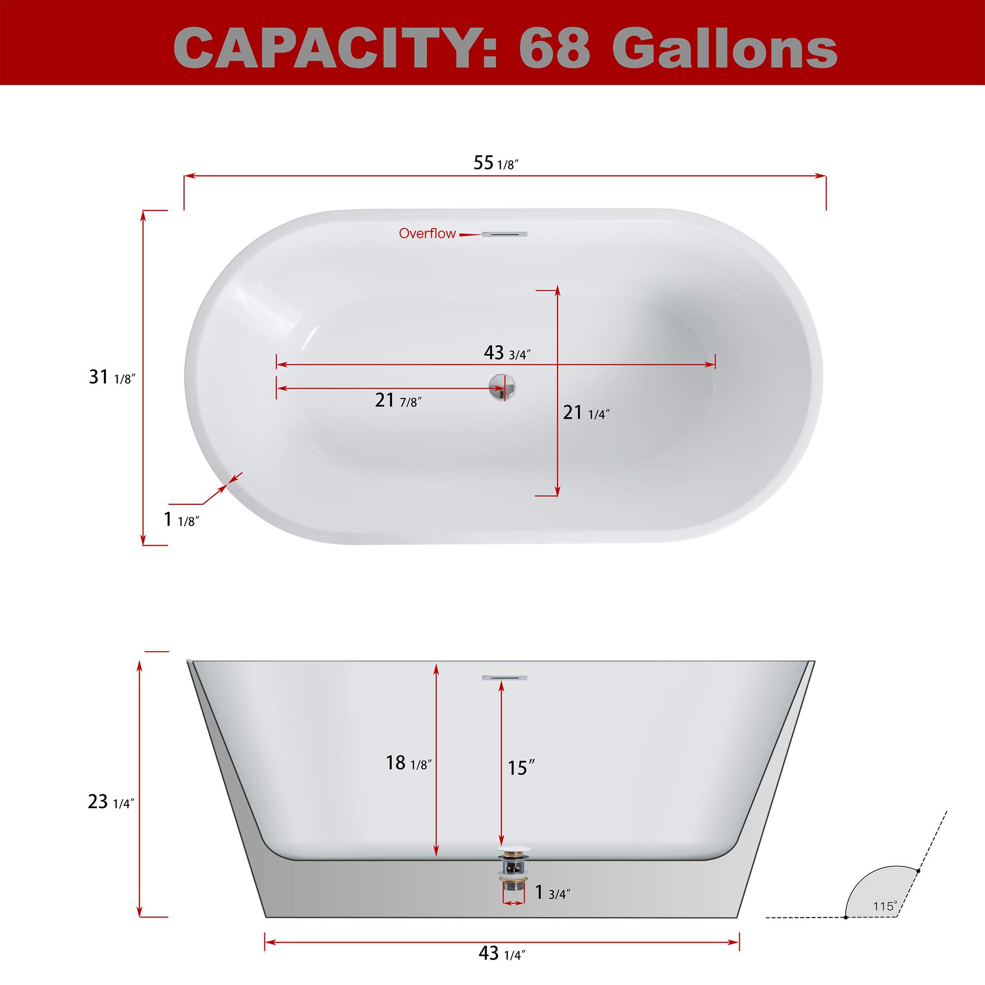 CASAINC Bathtub 27.56-in x 55.12-in White Acrylic Oval Freestanding ...