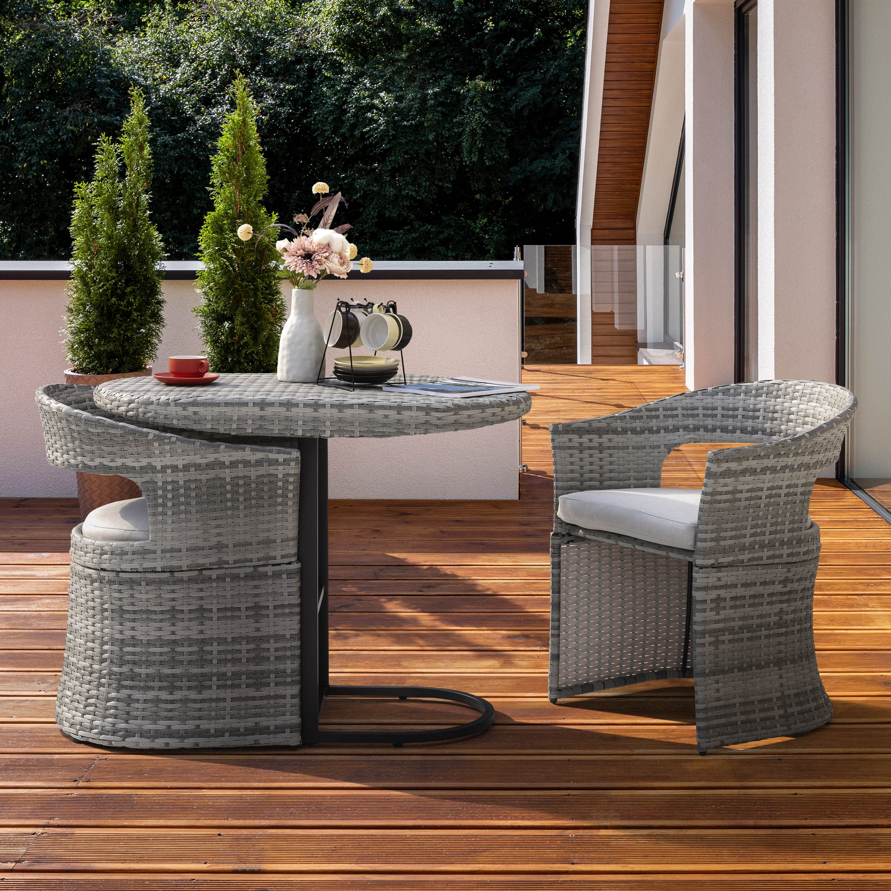 Nuu Garden SWS004-01 3 -Piece Grey Rattan Bistro Patio Dining Set Iron Oval Table with 2 Gray Stationary Chairs