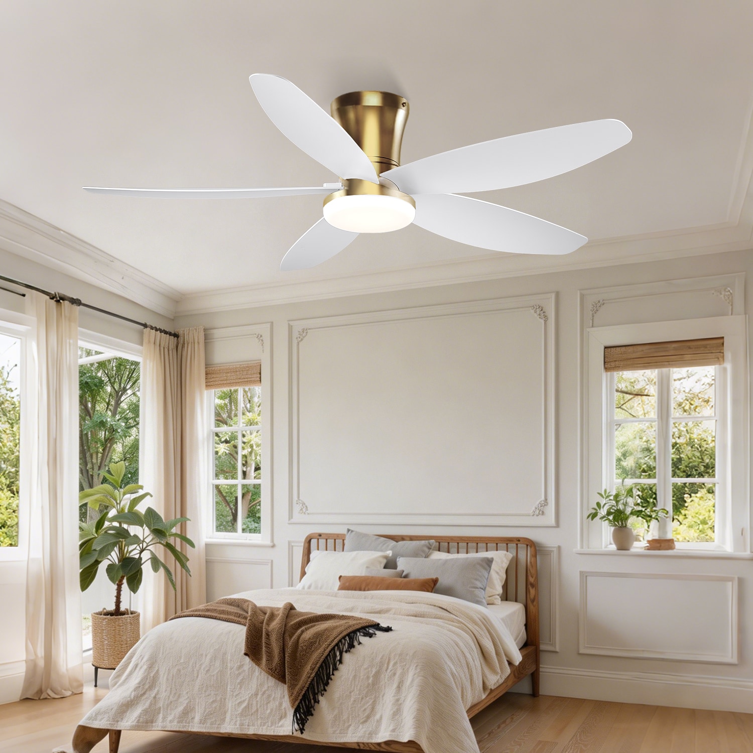 Kviflon - 42 in Gold Flush Mount Ceiling Fan with Light Contemporary Low Profile Ceiling Fan with...