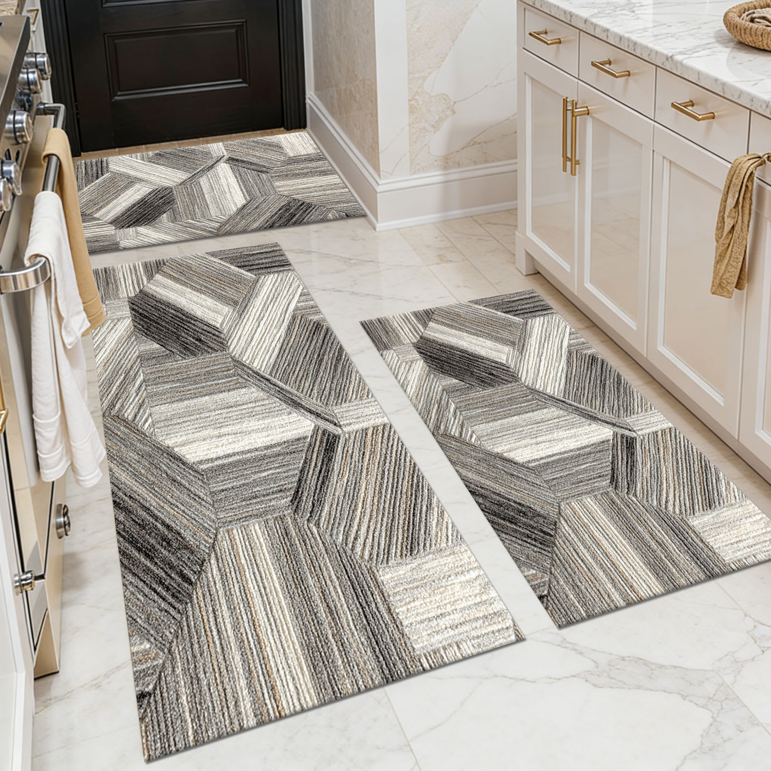 TOBILI  20 X 32in 20 X 47in 20 X 60in Faux Cashmere Gray Beige Rectangular Indoor Modern Abstract Geometric Stripe Non Slip Washable Kitchen Rug Set of 3 Piece