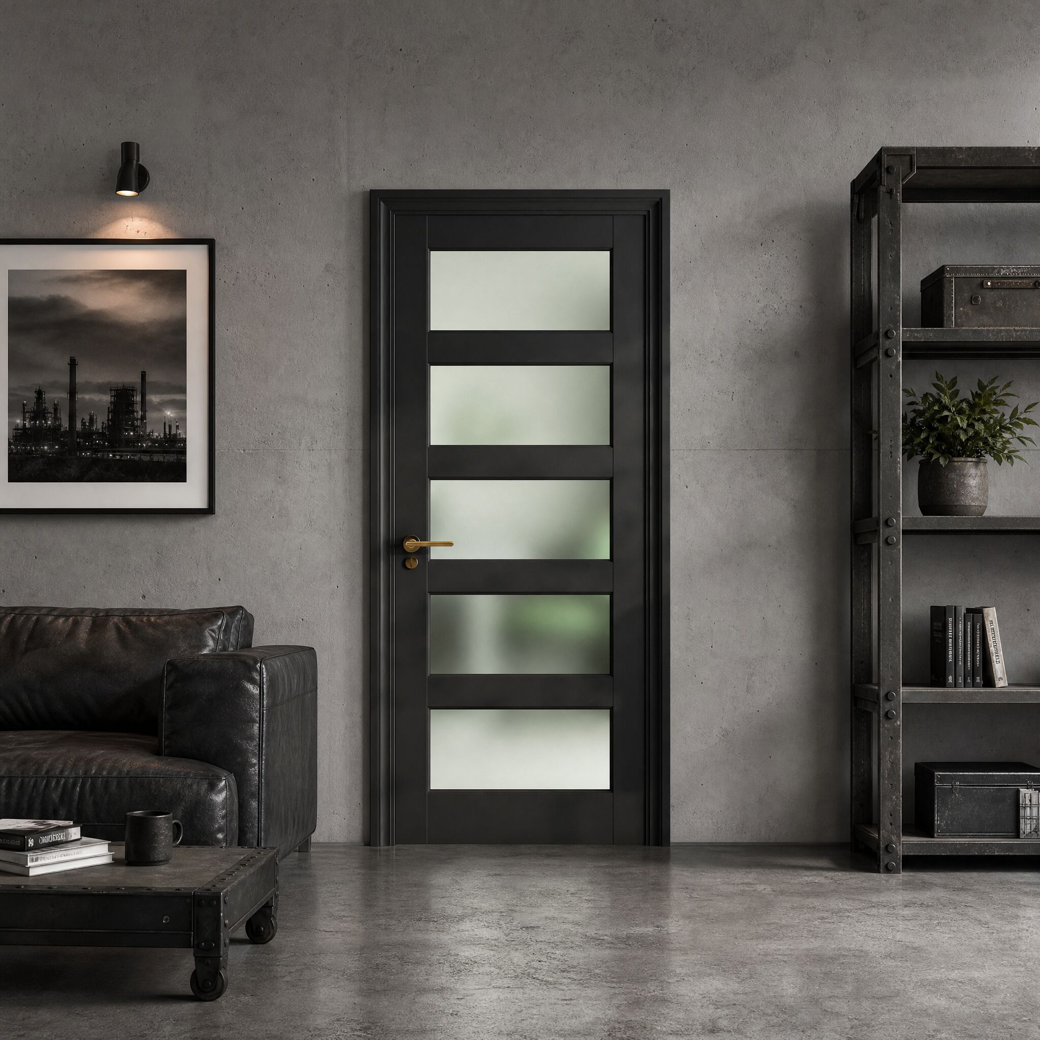 Vynxaria 28-in x 80-in Black 5-Lite Frosted Glass Solid Core MDF Interior Barn Door Slab
