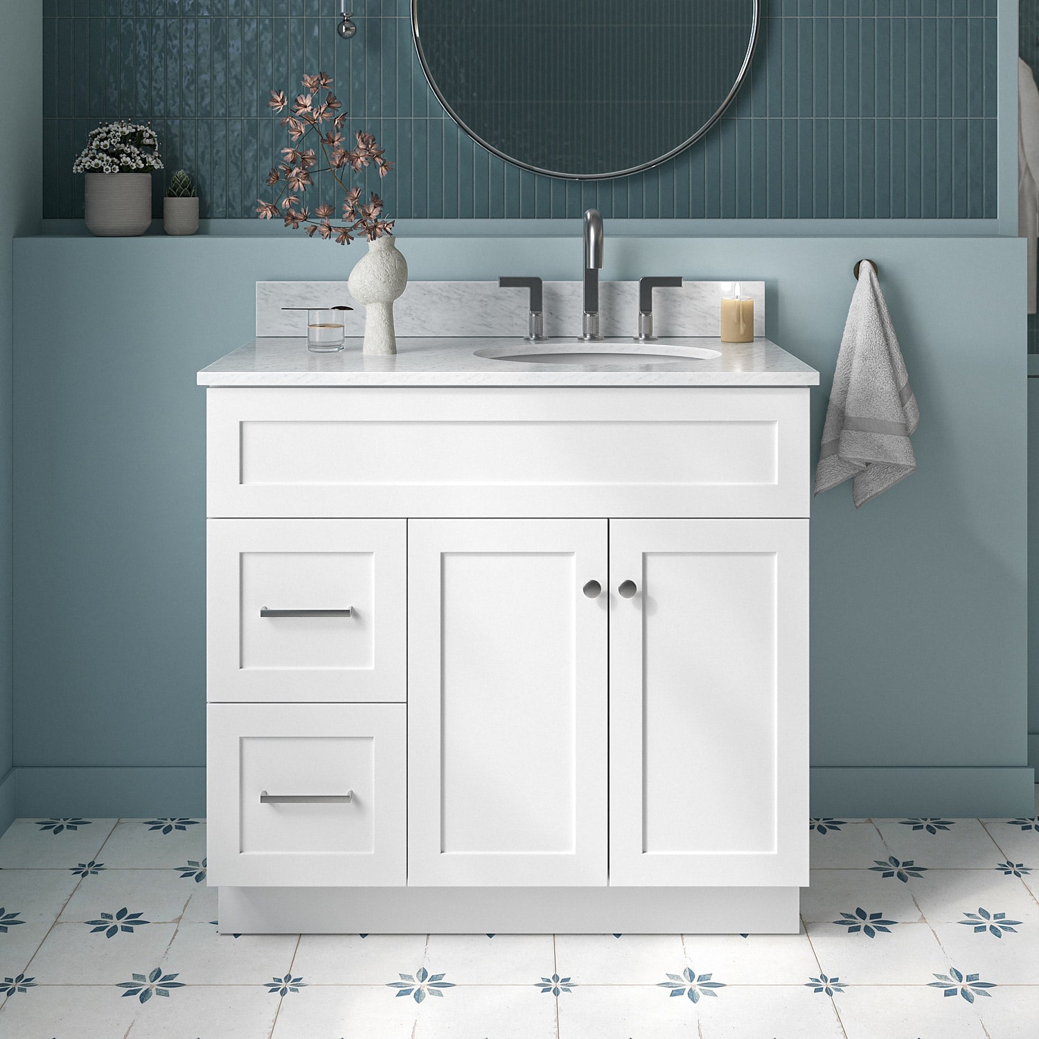 ARIEL F037SRCW2OVOWHT Hamlet 37-in White Undermount Single sink Bathroom Vanity with 0.75" Carrara White Marble Natural marble Top