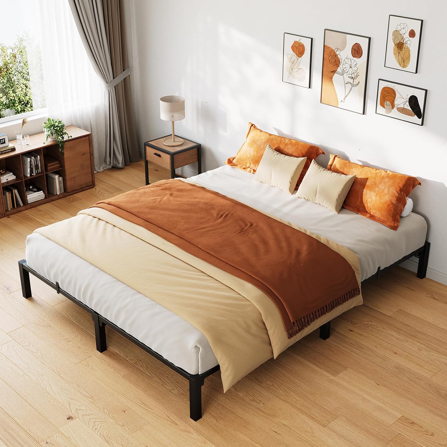 Qeetex LHF-BED-PHK-33FNF4XH 10 Inch King Bed Frame Heavy Duty Metal Platform Bed Frame with Durable Iron Slat Support and Legs No Box Spring Required No Screws Needed Support Up to 800 Lbs