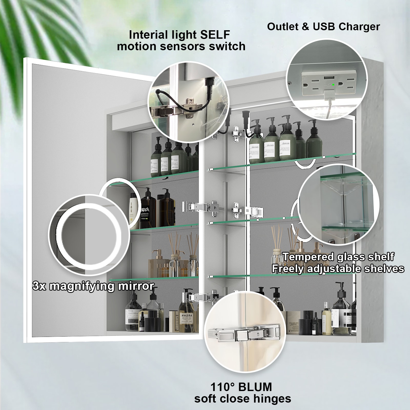 Forclover 24-in x 30-in Lighted LED Fog Free Surface/Recessed Mount Silver Mirrored Soft Close Medicine Cabinet with Outlet