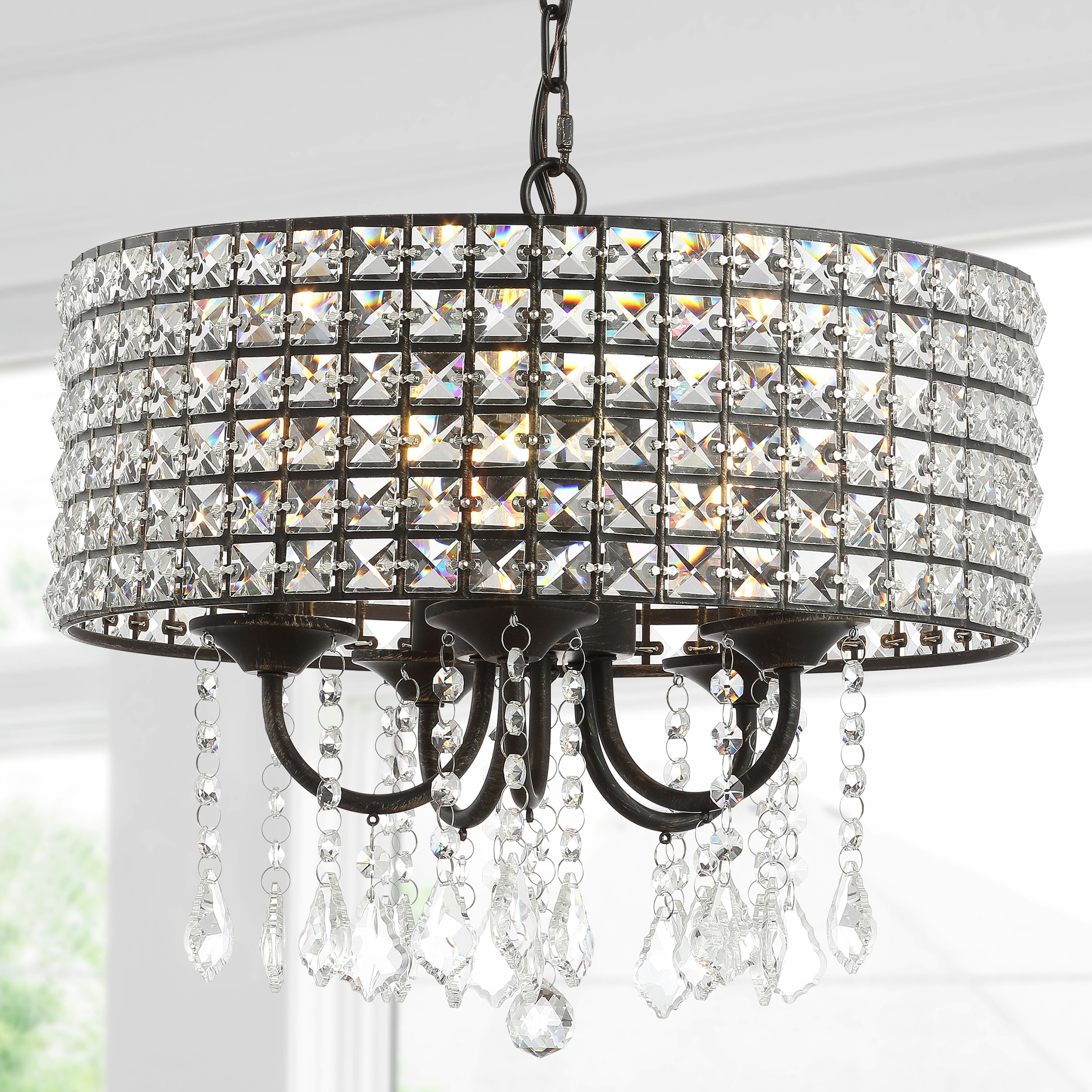 JONATHAN  Y JYL7467A Reese 17" Metal/Crystal Adjustable Drop 5 -Light Black Glam Globe Medium Hanging Pendant light