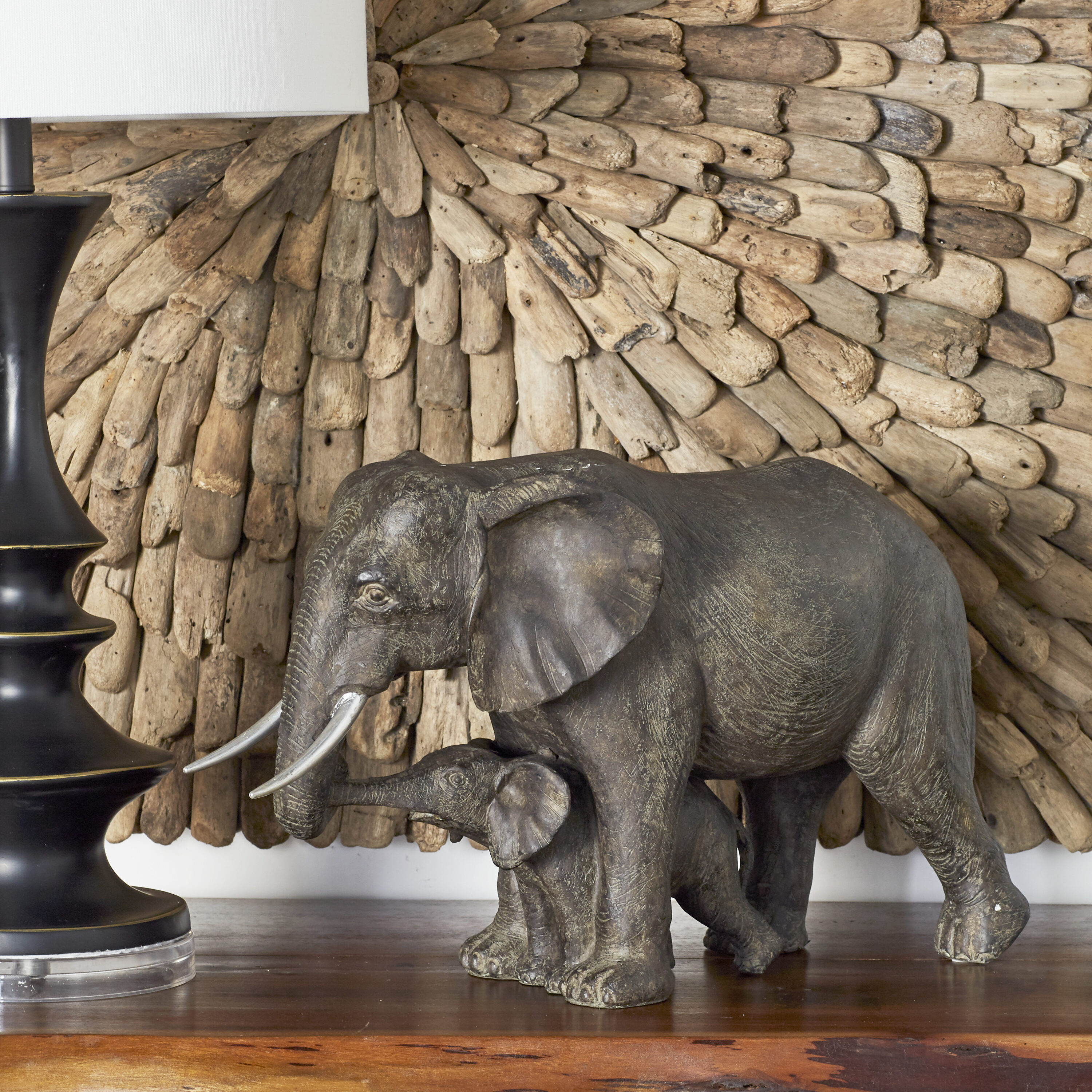 Gray Resin Elephant Mother and Calf Sculpture