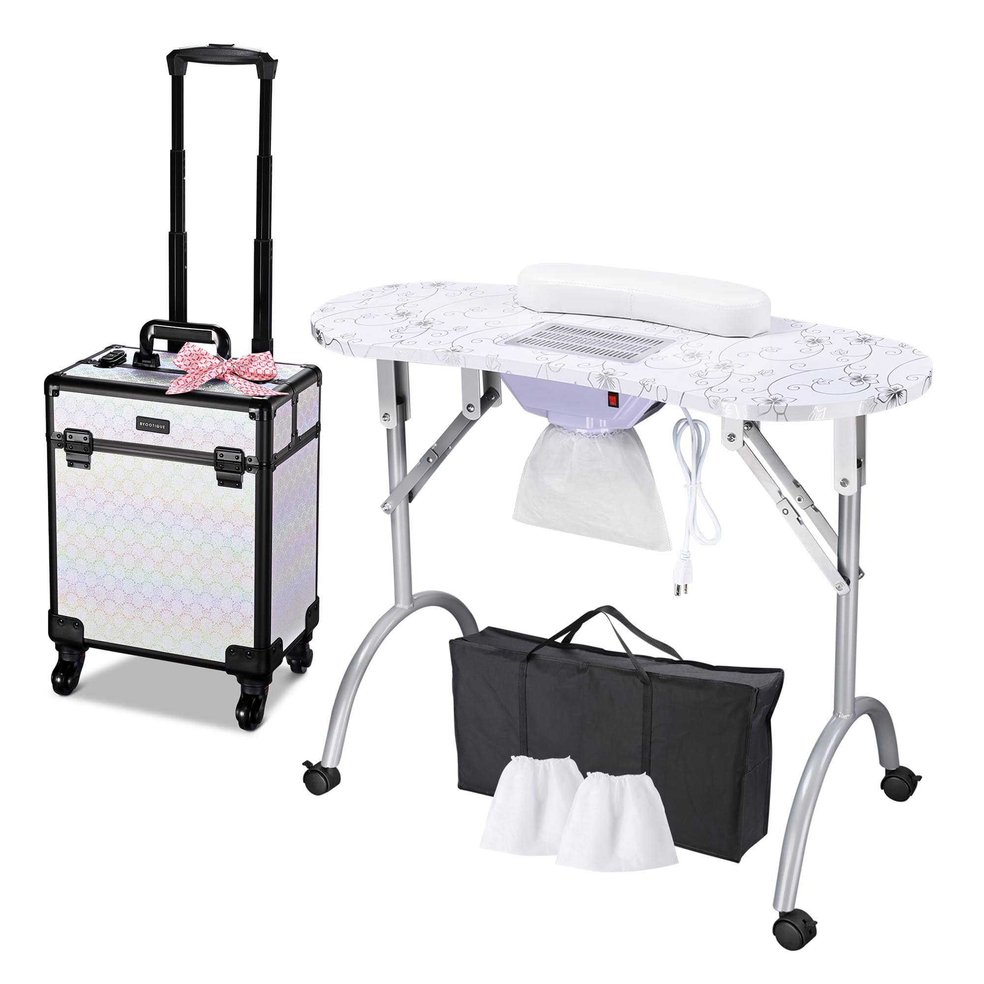 Yescom 12NATSET002-M28F7-LO Byootique Folding Manicure Table and Rolling Makeup Train Case Pure ForgetMeNot