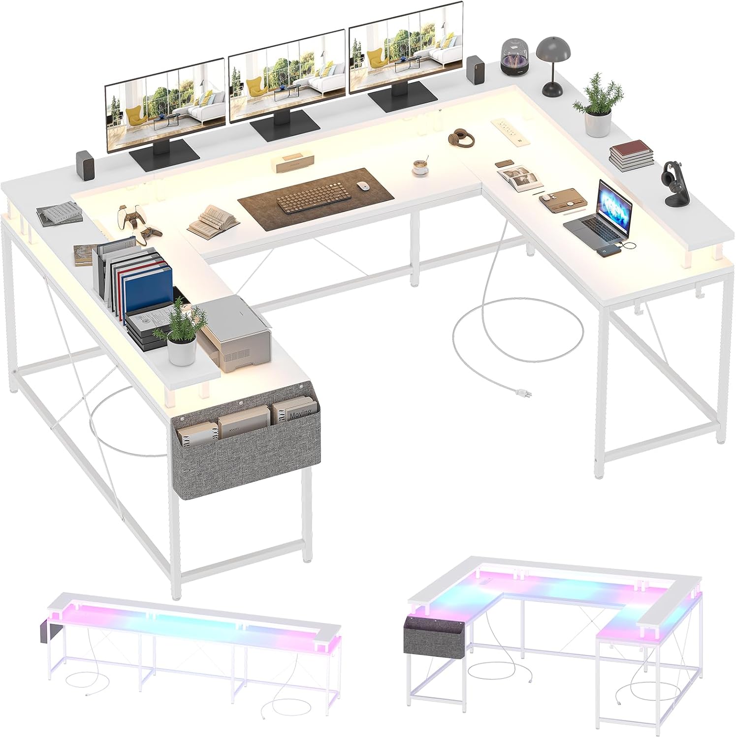 126-in W White  U Shaped Desk Gaming Desk with Monitor Stand LED Lights Power Outlets