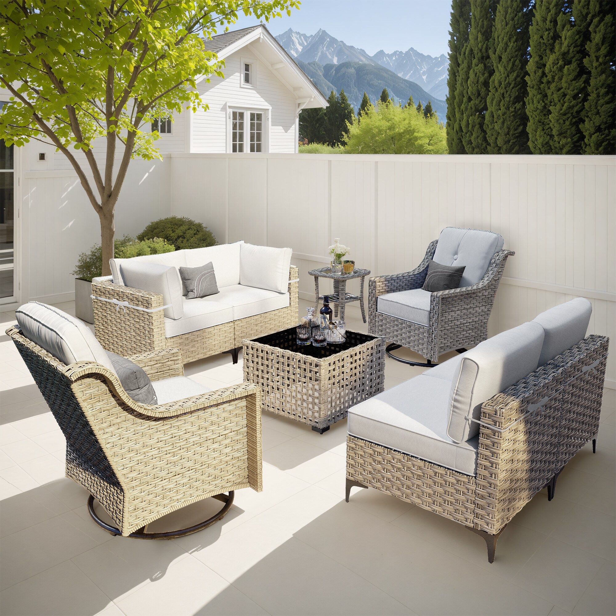 Pouuin SYZKT405 5-Piece Wicker Patio Conversation Set with Gray Cushions