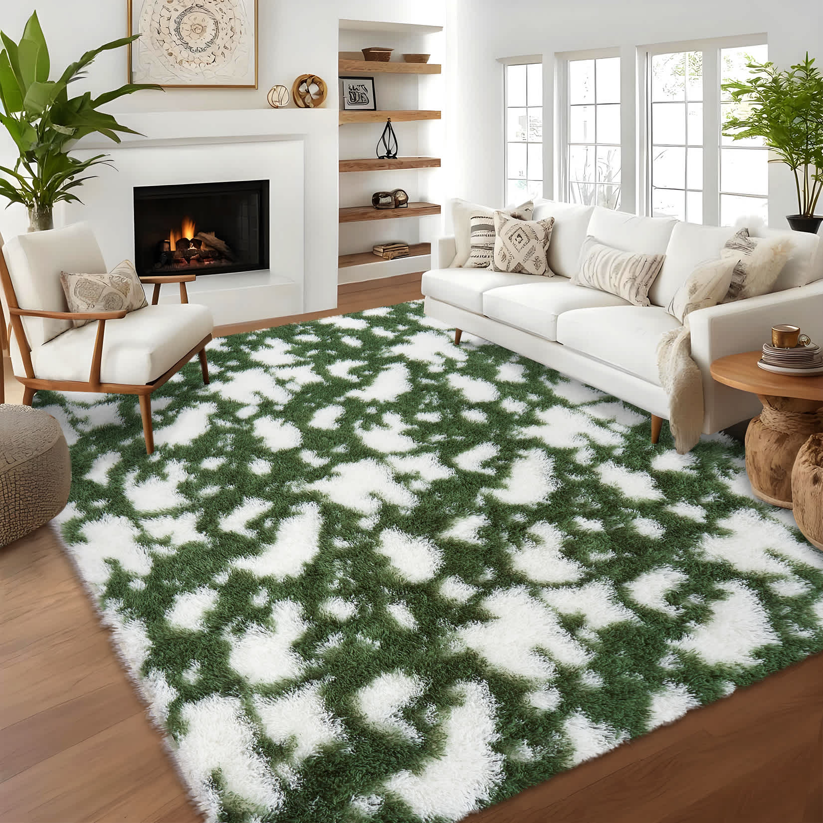 Qeetex MIERUG-PHK-33MEAD74 5 x 7 ft Polyester Green Rectangular Living Room Bedroom Dining Room Cloud Print Fluffy Shaggy Soft Indoor Modern Area Rug