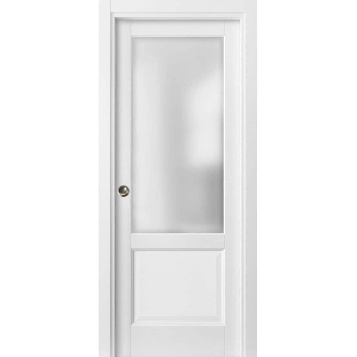 SARTODOORS Sliding French Pocket Door with - Lucia 22 White Silk with Frosted Glass - Kit Trims Rail Hardware - Solid Wood Interior Bedroom Sturdy Doors-30 x 80