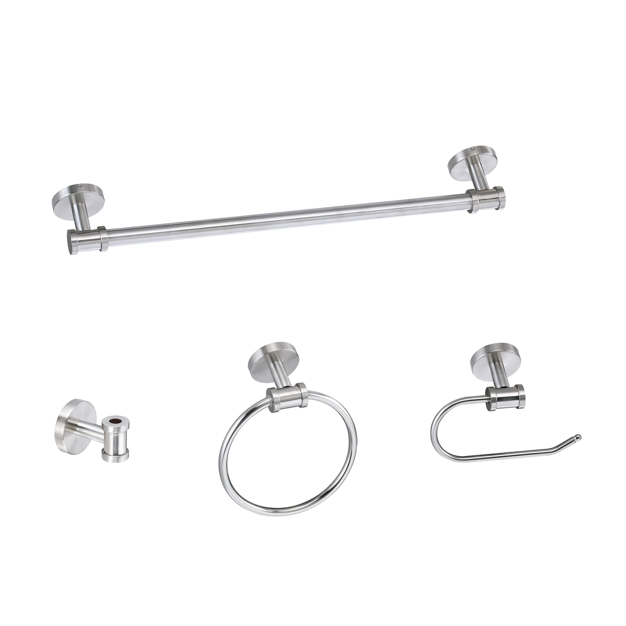 WELLFOR TTB51476BN 4 -Piece TB Brushed Nickel Decorative Bathroom Hardware Set Towel Bar, Toilet Paper Holder, Towel Ring ,Robe Hook Included