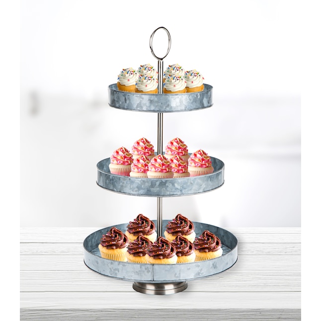 Mind Reader Galvanized Steel Round Cupcake Tower Dessert Stand With Handle Rustic Design Appetizer Serving Tray Tiered Silver In The Serveware Department At Com - 3 Tier Cake Stand Mr Diy