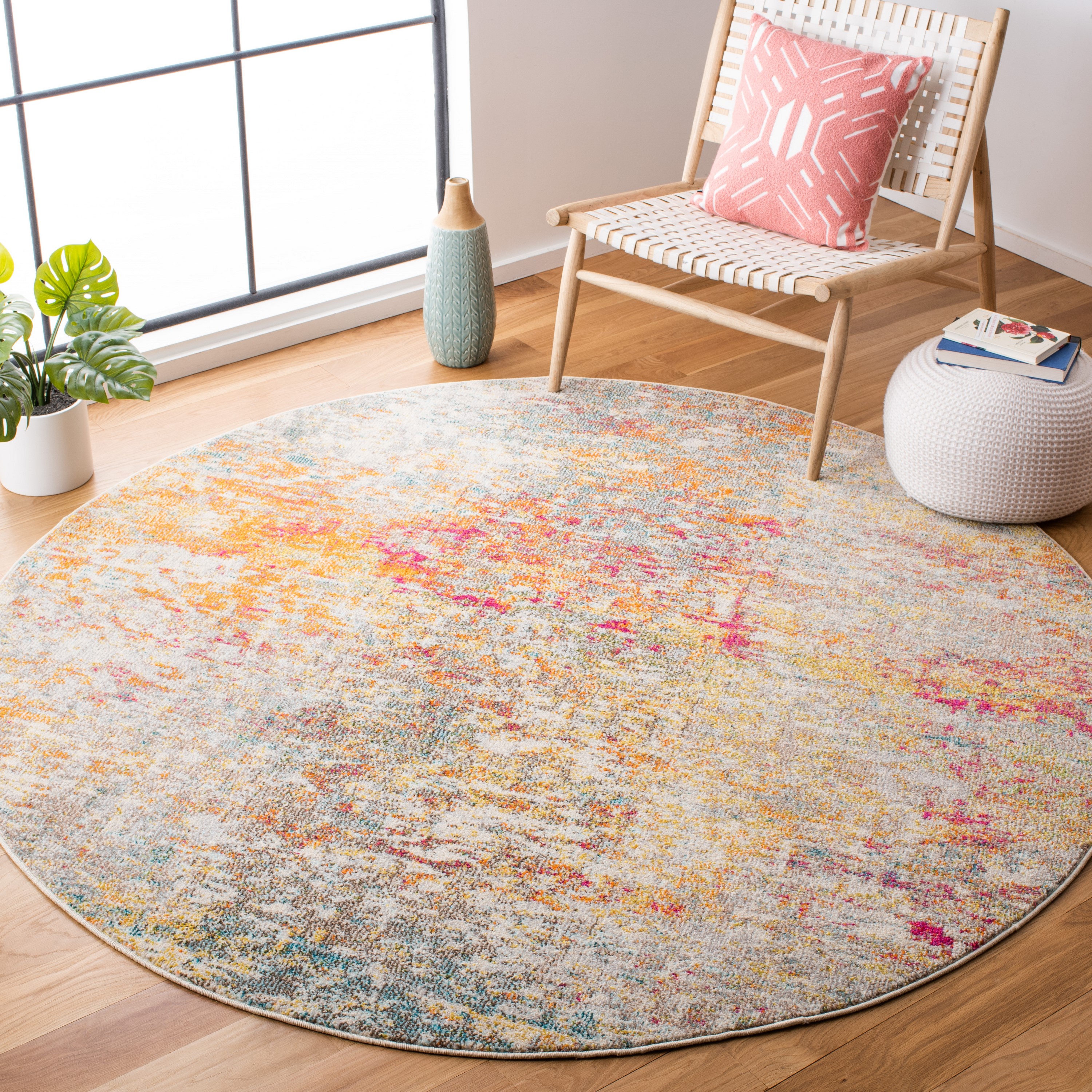 Safavieh MAD460G-5R Madison Baie 5 x 5 (ft) Loomed Polypropylene Gray/Turquoise Round Indoor Abstract Industrial Area rug