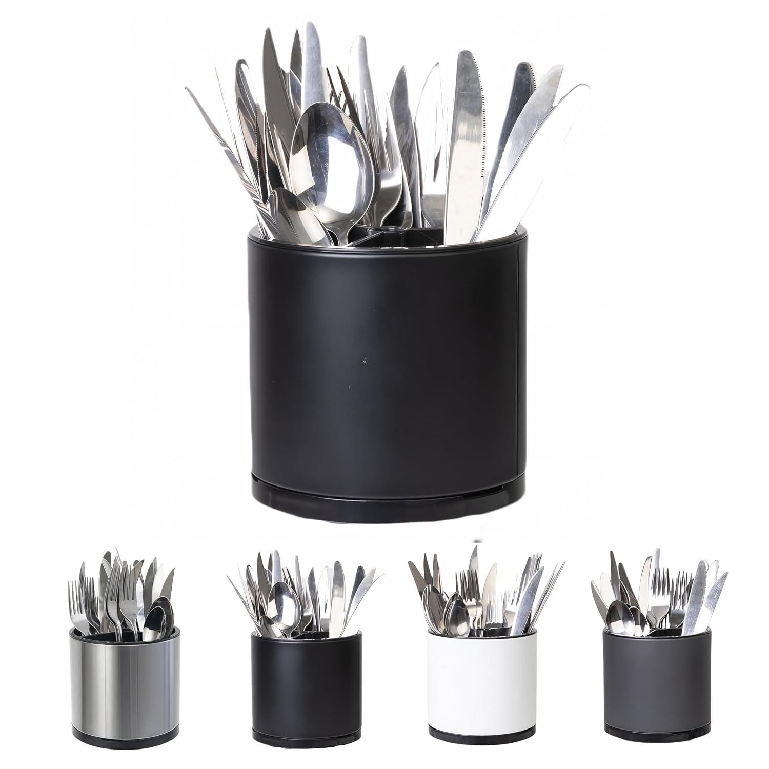 Kitstorack Stainless Steel Rotating Kitchen Utensil Holder 3-Compartment Countertop Caddy with Drainage Holes and Non-Slip Base 5.4 x 5.4 x 5.8 In