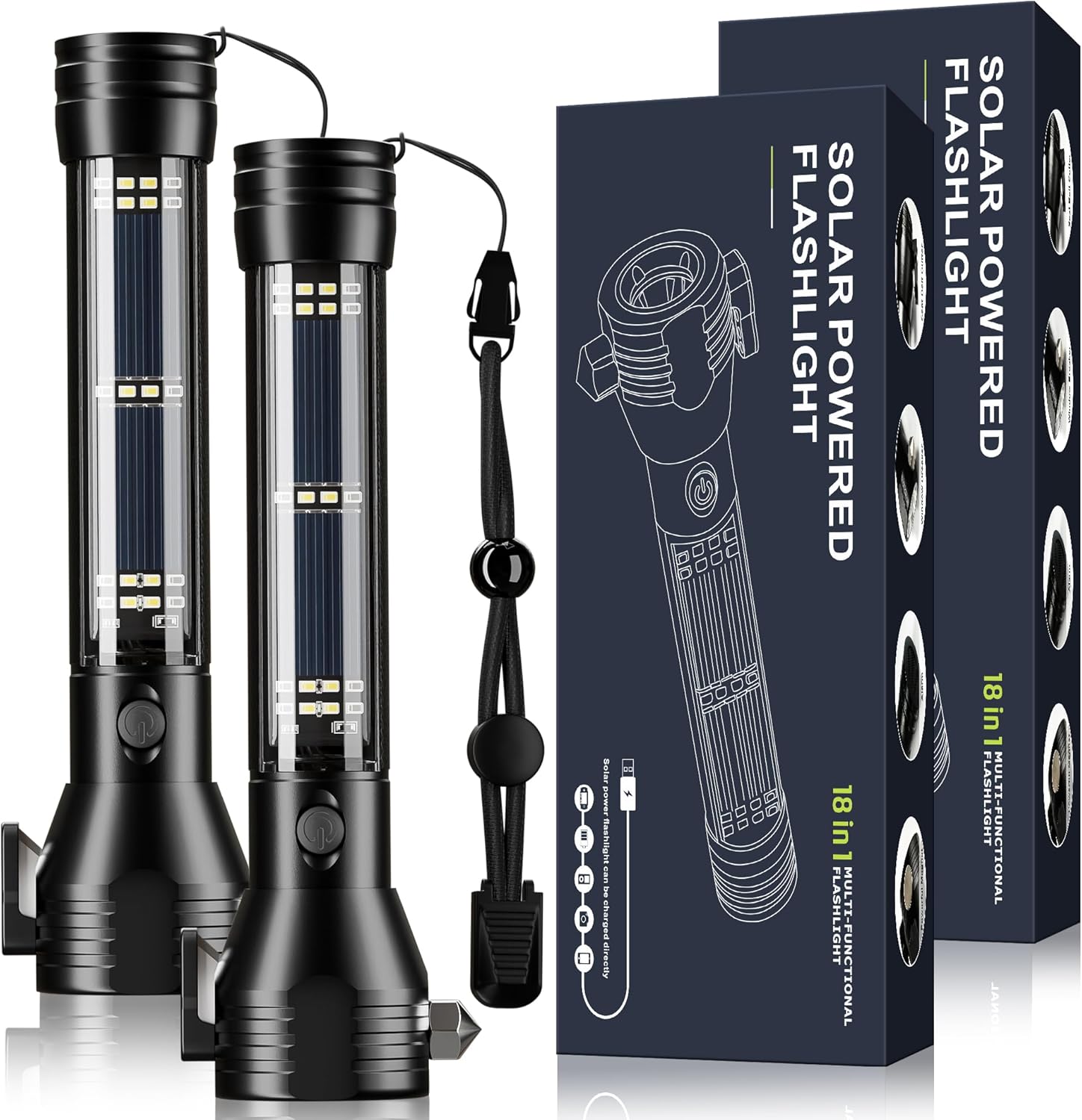 Otdair TYNSDT2-OTD-0312 Solar Rechargeable LED Flashlight Multi Function Ultra Bright Flashlight Emergency Strobe Light USB Rechargeable 5 Modes for Outdoor Camping Hiking 2 Pack