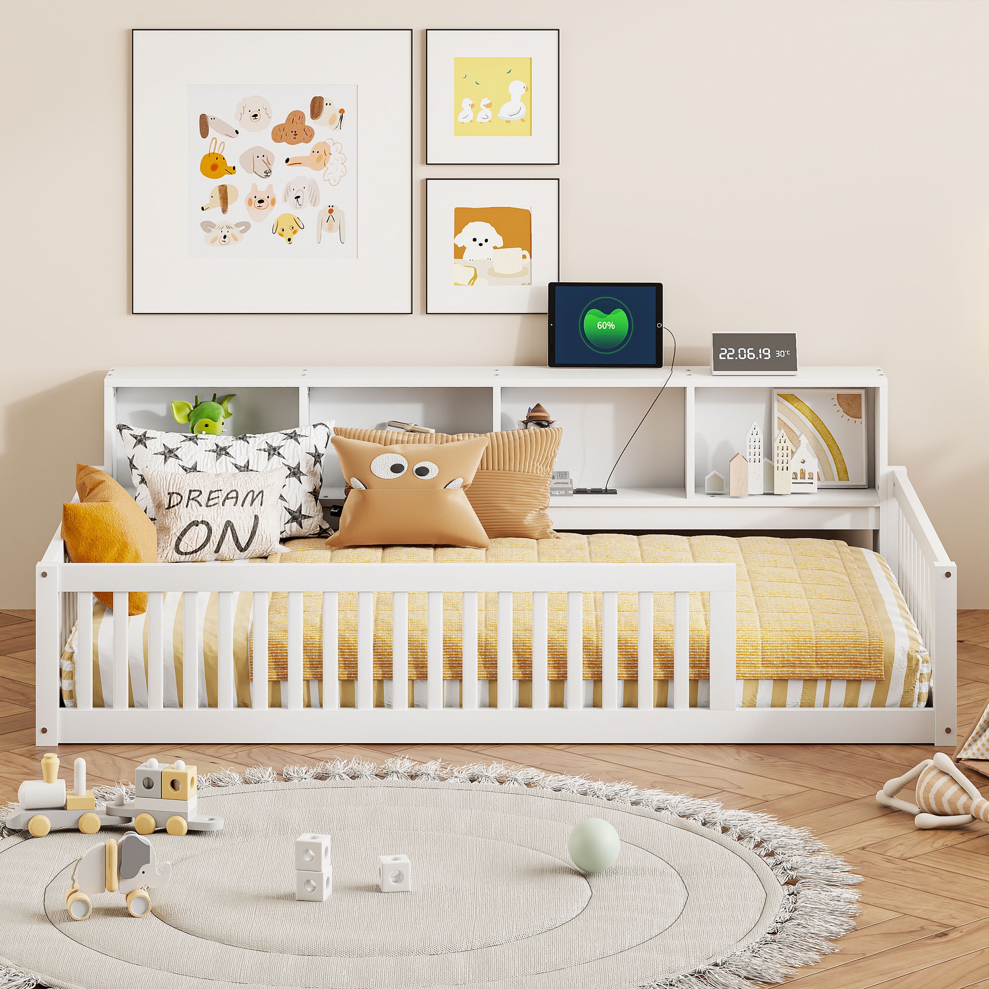 Bellemave White Wood Kids Floor Bed with Storage Cabinets and USB Ports