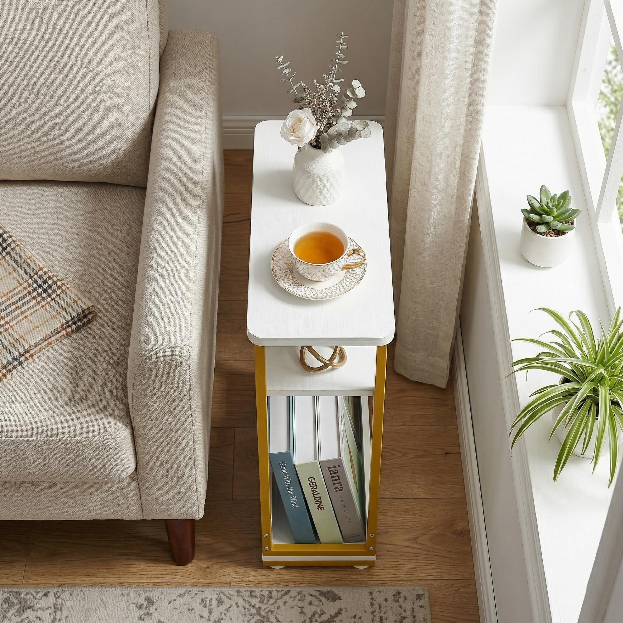 Etokfoks Modern White Gold Narrow Side Table 7 1 in x 21 7 in MDF Metal ...