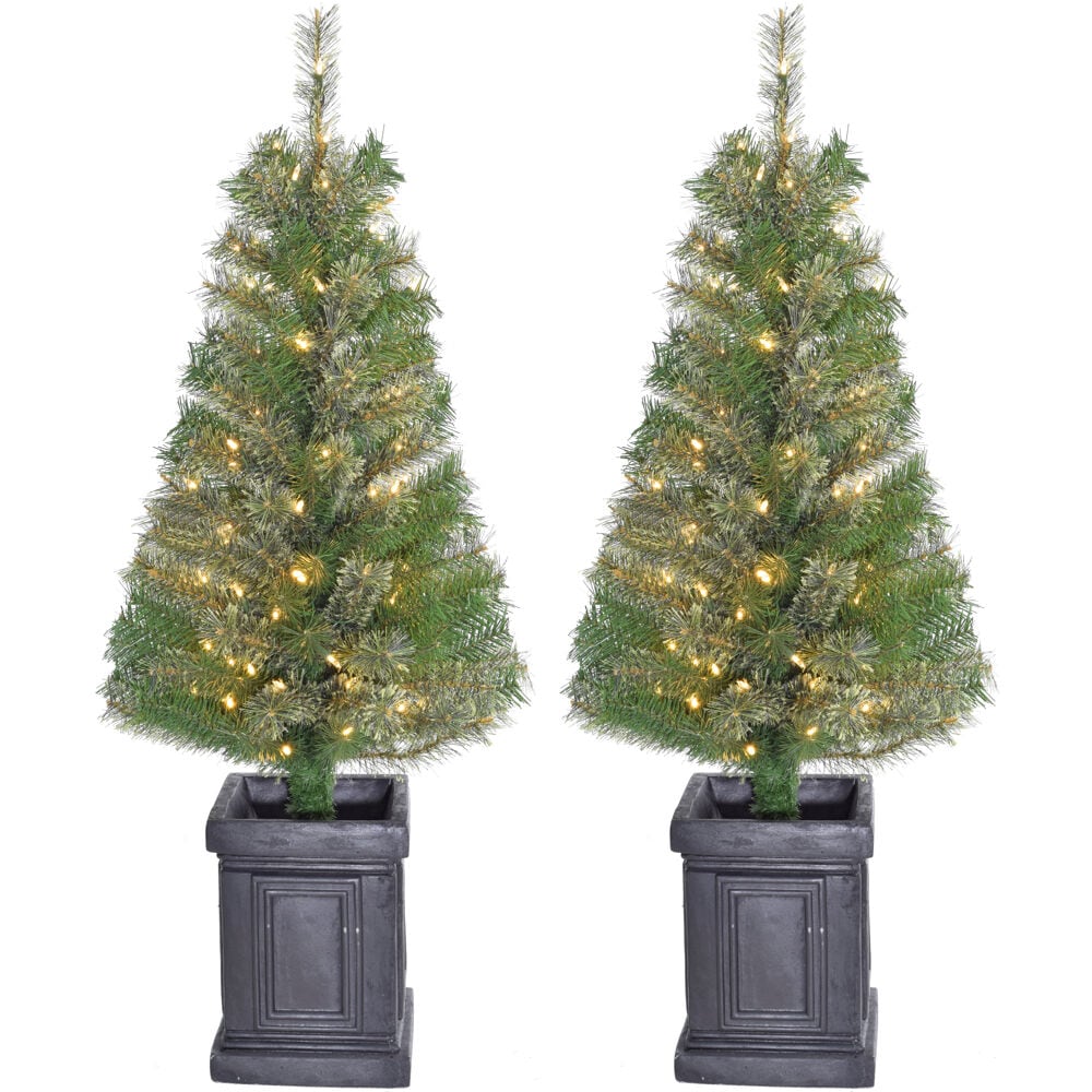 Fraser Hill Farm FFPTE048-5GR/SET2 4-ft Pine Pre-lit Artificial Christmas Tree with White LED Lights