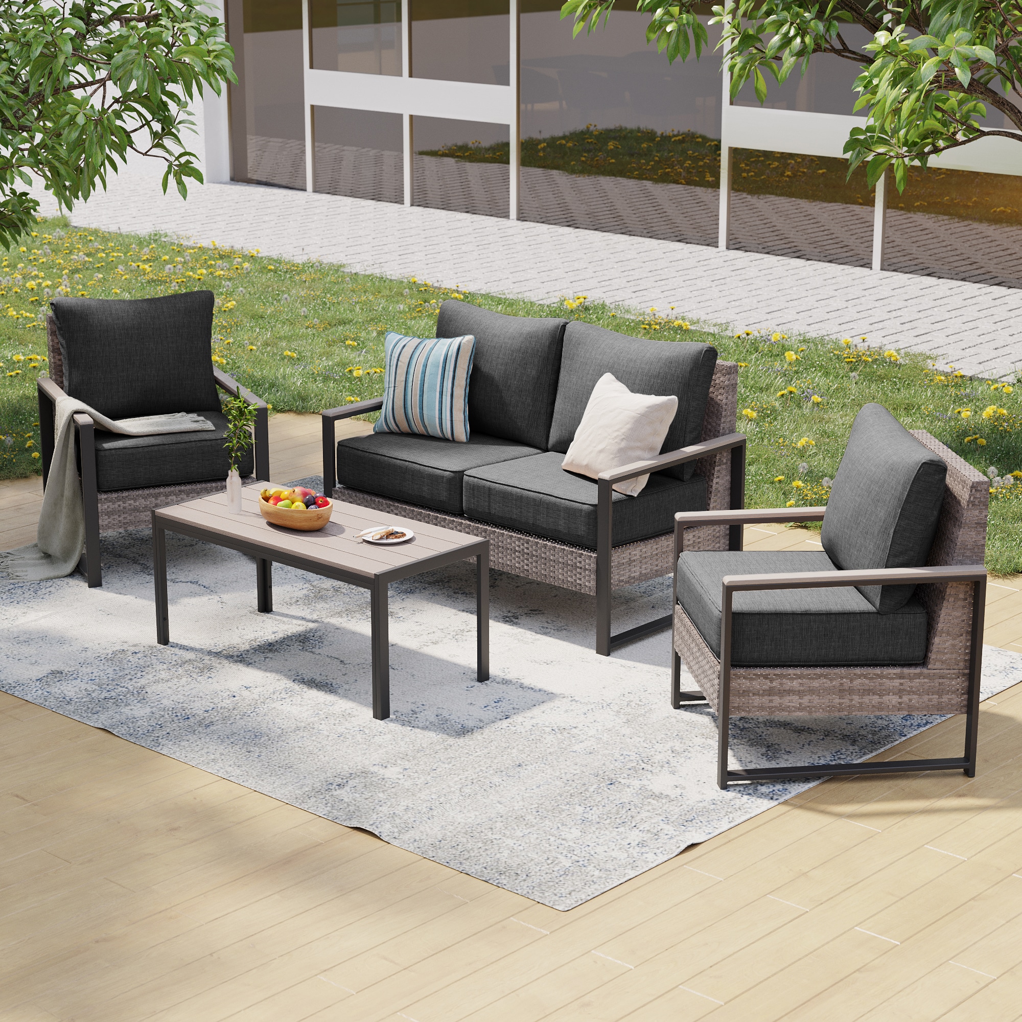 ACEGOSES LW-148-04HBK Skytop 4 -Piece Wicker Patio Conversation Set with Black Cushions