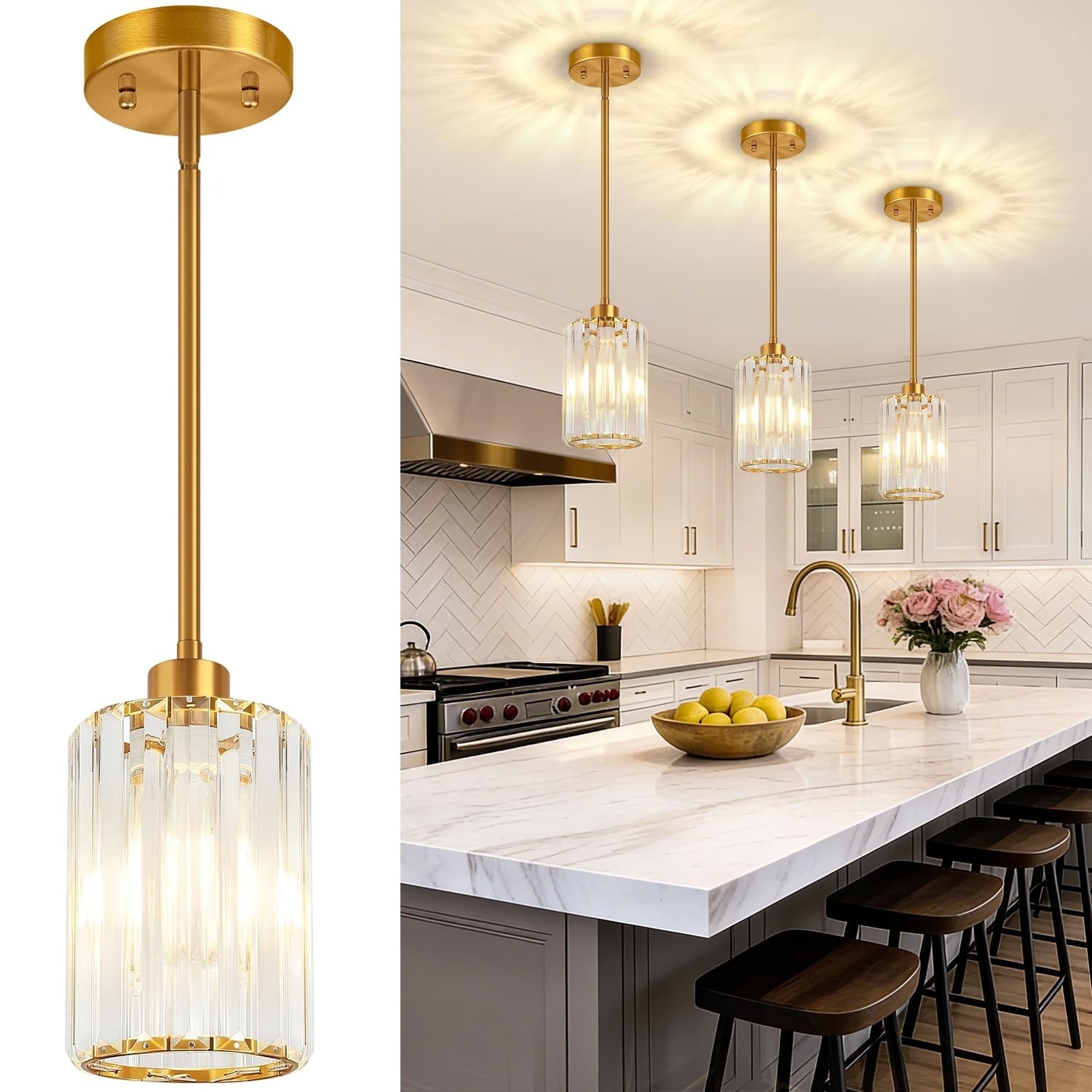 Oyezvary  3 Pack Brushed Gold Modern Crystal Pendant Lights 5.12 in W x 8.5 in H Adjustable Mini Hanging Light Fixtures for Kitchen Island Dining Room Bedroom Hallway