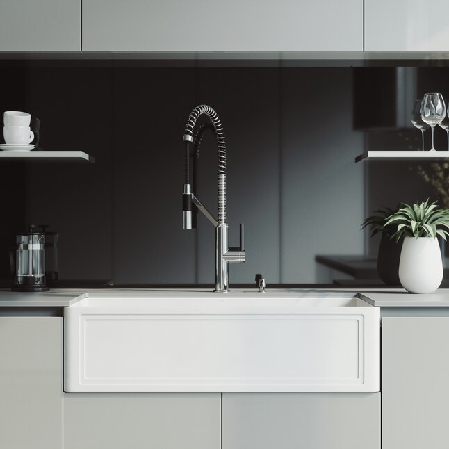 VIGO Matte Stone 36-in x 18-in Matte White Single Bowl Tall (8-in or Larger) Undermount Apron Front/Farmhouse Commercial/Residential Workstation Kitchen Sink VIGO Matte Stone 36-in x 18-in Matte White Single Bowl Tall (8-in or Larger) Undermount Apron Front/Farmhouse Commercial/Residential Workstation Kitchen Sink