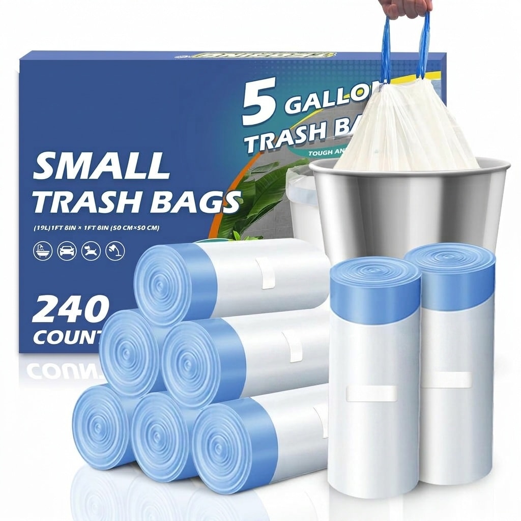 Phyfalip  240 pack 5 Gallon Drawstring Trash Bags 1 1 Mil Unscented White Plastic Wastebasket Liners Strong Tear Resistant for Bathroom Kitchen