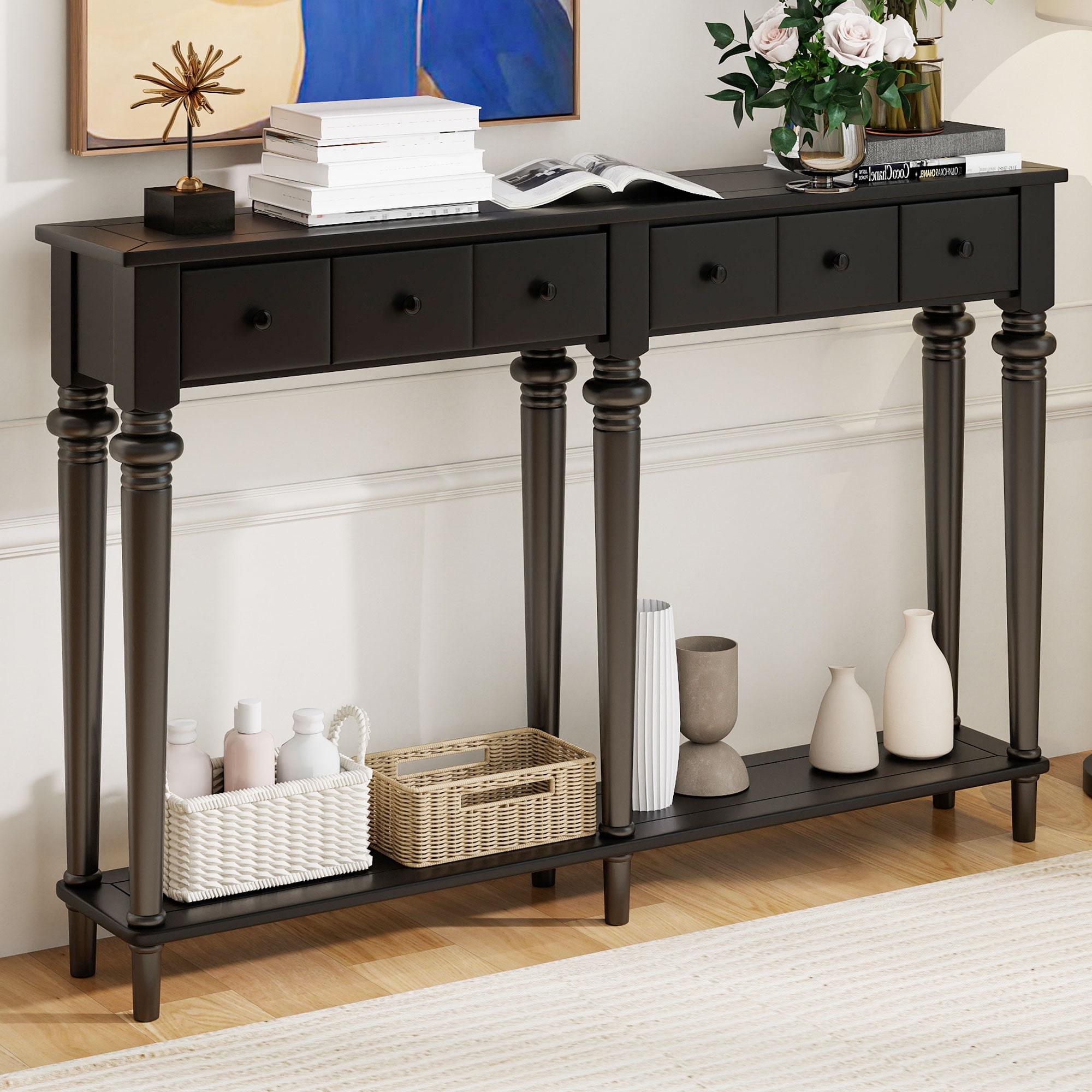 LOVMOR SF-Y-N715P202860B Entryway Table with 4 Drawers Retro Console Table with Open Shelf for Entryways Living Rooms and Hallways (Black)