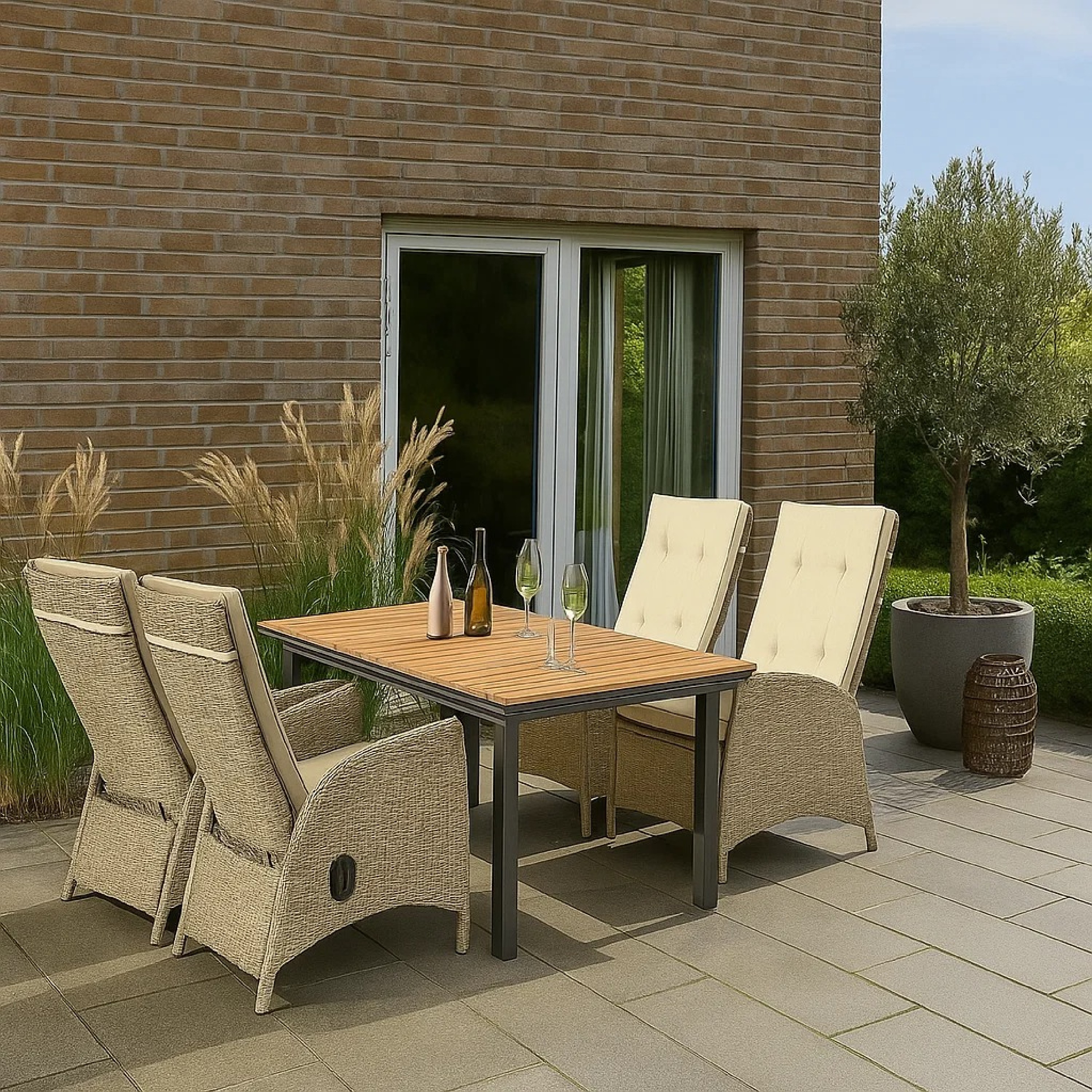 Benzara Ankia 5pc Outdoor Dining Set 4 Reclining Chairs Beige 62-84 Inch Table