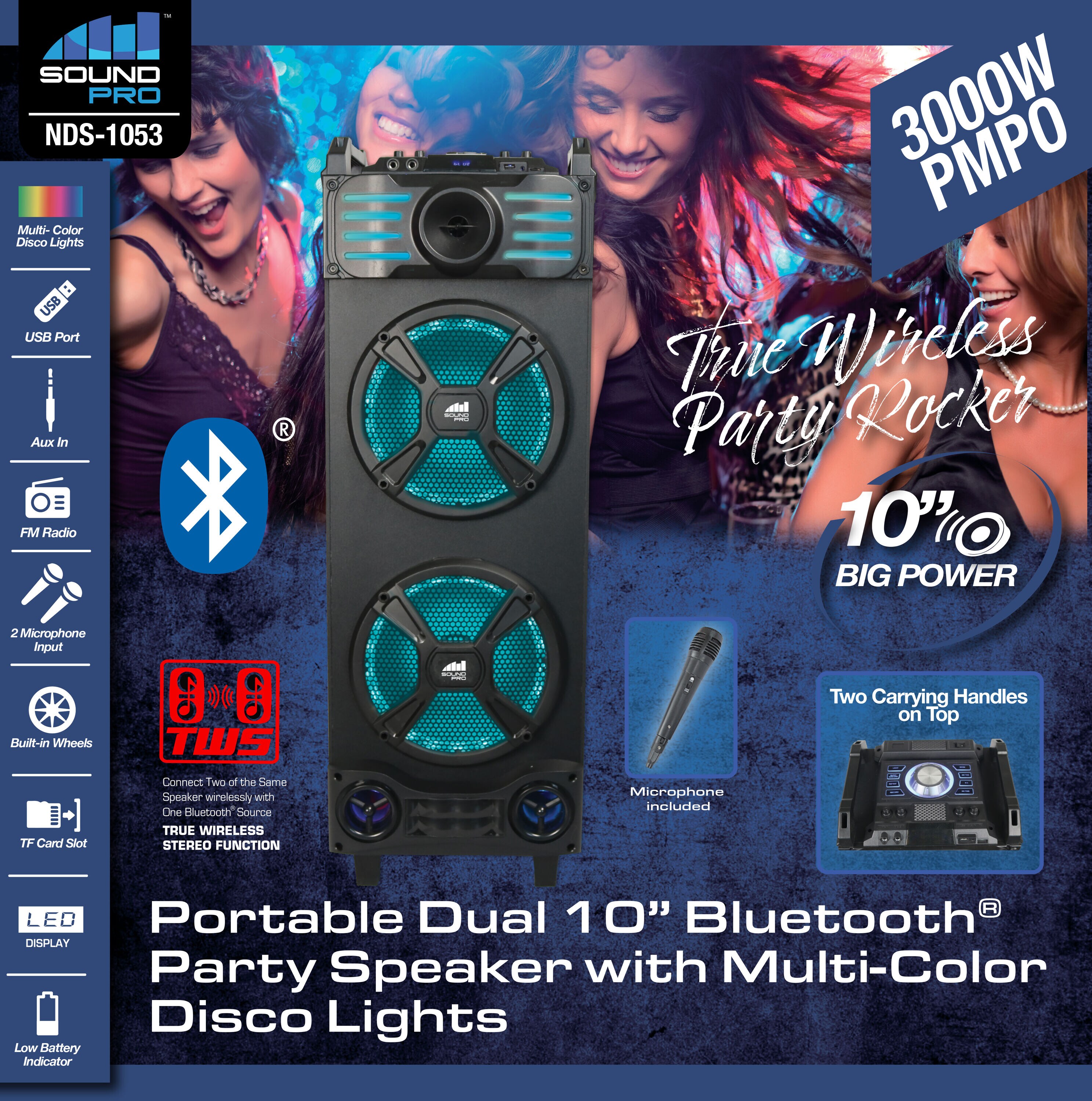 Naxa Portable Dual 10” Bluetooth Party Speaker with Multi-Color