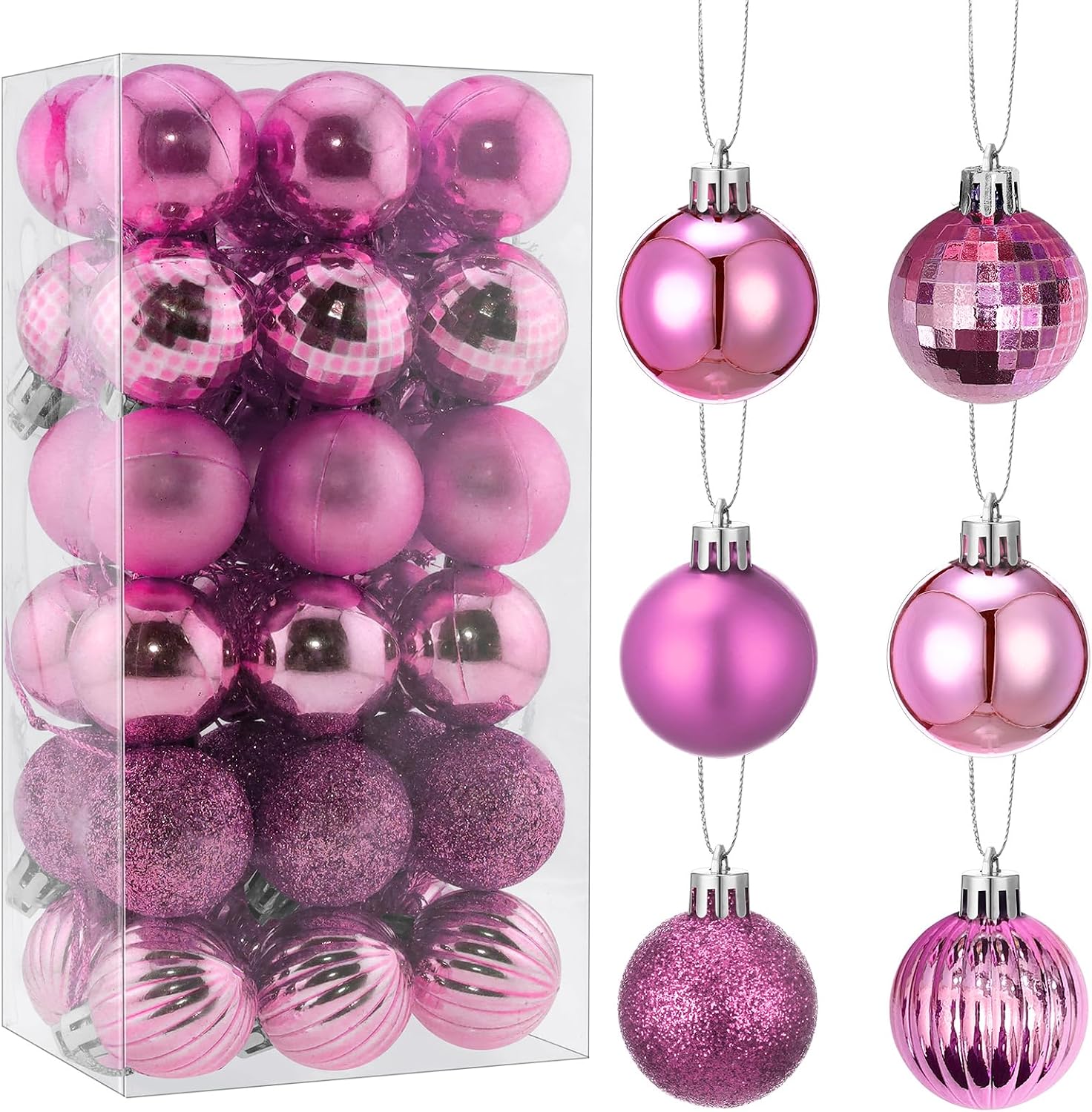 ZHANYIGY 36 Pieces Christmas Mini Balls Ornaments Shatterproof Glitter Balls Xmas Tree Miniature Hanging Decorations for Christmas Tree Decoration (Pink)