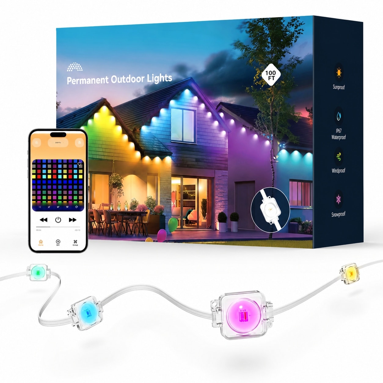 Vrbgify 100FT RGBIC LED Outdoor String Lights Kit 64 Bulbs IP68 Waterproof Permanent Lighting for Roof Eaves House Patio Holiday Decor Smart App #LVG0708V008