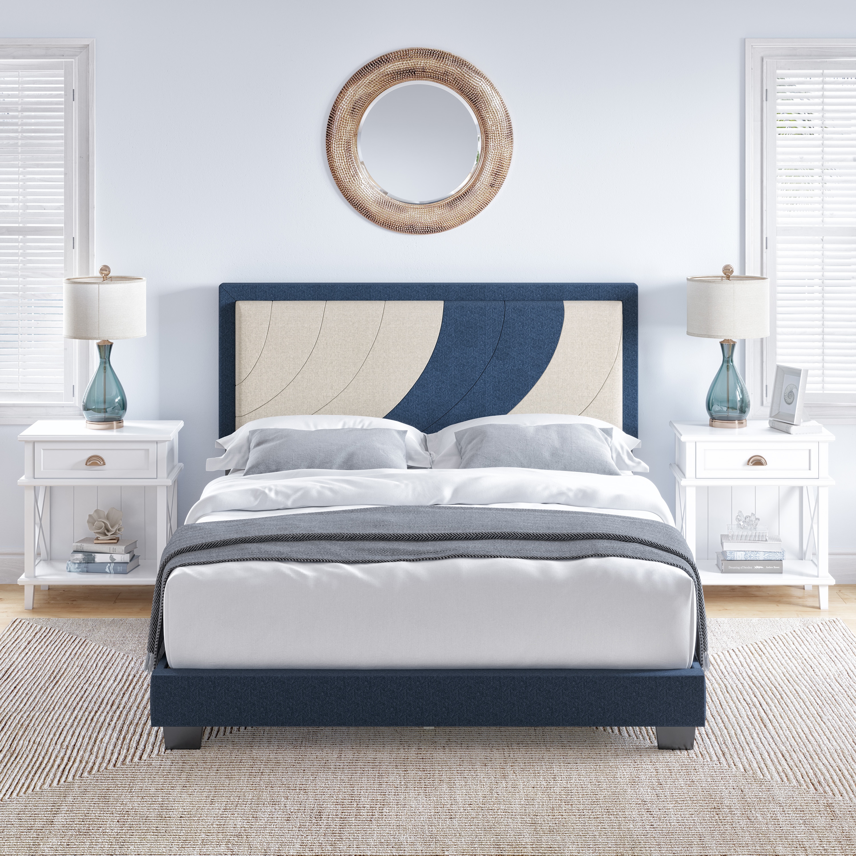 Boyd Sleep HC202701403 Sail Away Linen Upholstered Platform Bed Frame with Headboard- Sturdy 14 Slat Wood Support System- No Box Spring Required