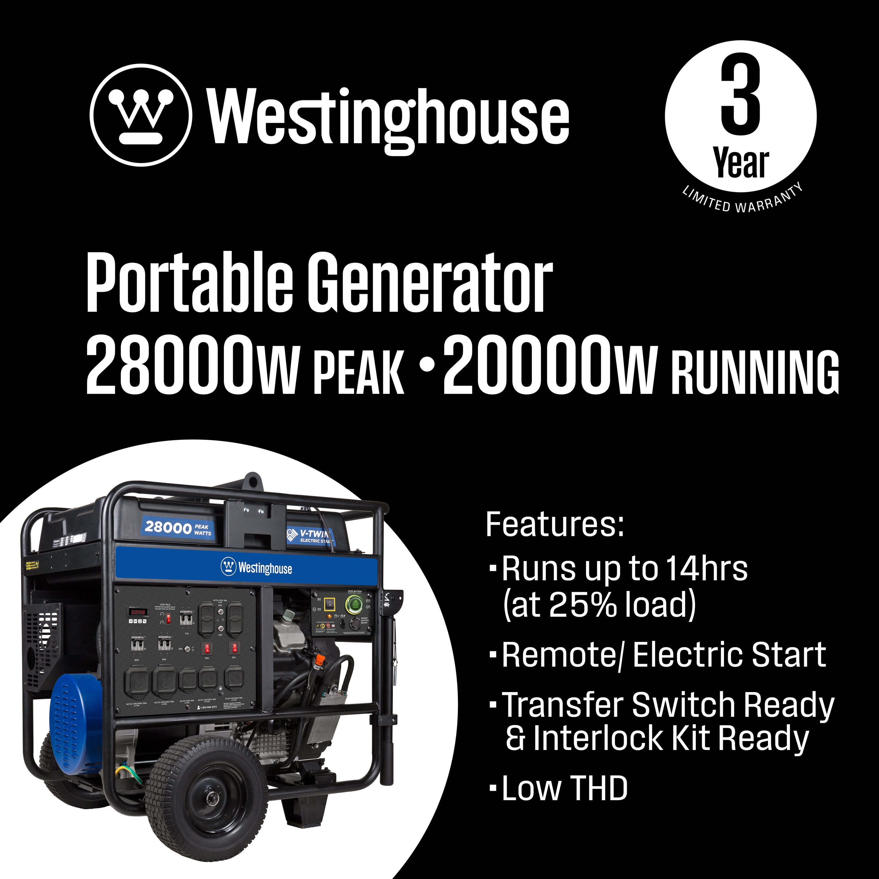 Westinghouse WGen20000c Remote Electric Start 28000 Starting / 20000 Running Watt Gasoline Single fuel Portable Generator Sansujyuku sansujyuku.com