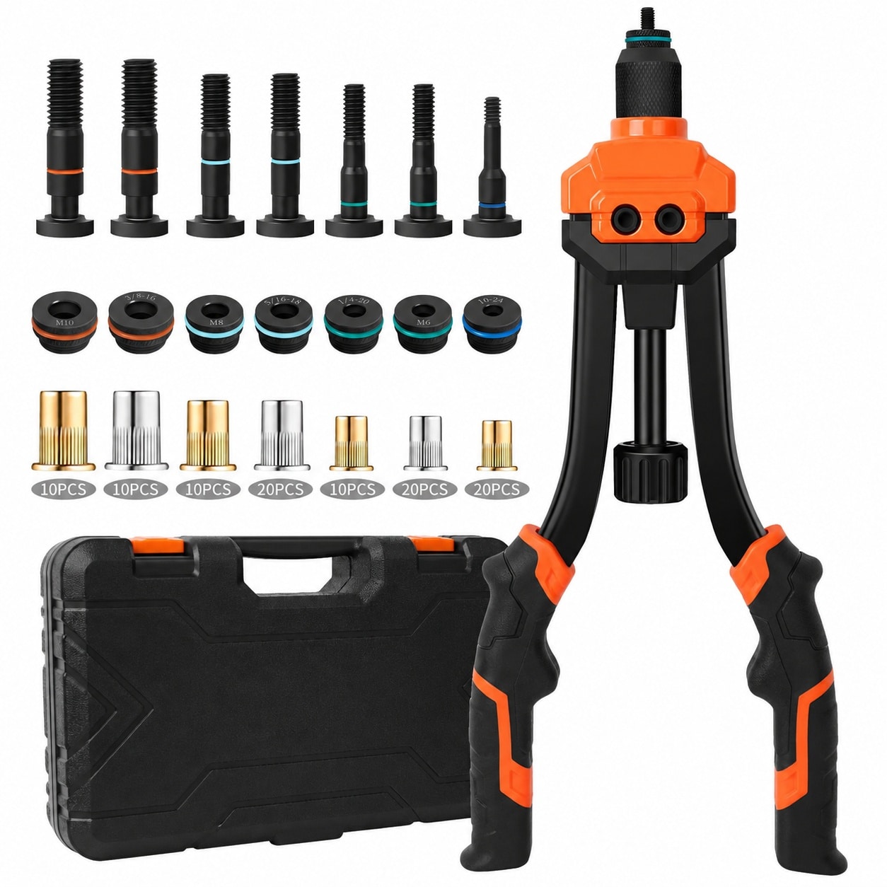 Etokfoks 14 Rivnut Tool with 100 Pcs Rivet Nuts and 7 Metric Inch Mandrels M6 M8 M10 1 4 20 5 16 18 3 8 16 10 24 and Case #LETCT671N